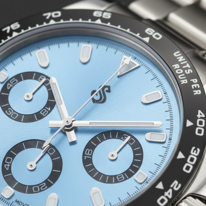 Seitona light blue platinum Seiko Mod luxury chronograph watch with stainless steel bracelet and sapphire crystal glass