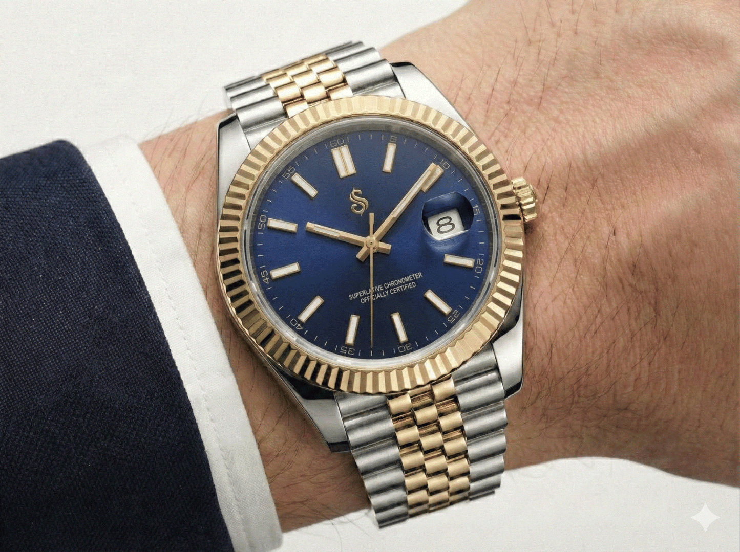 SeikJust Date Window Two-Tone Blue Dial Seiko Mod luxury watch with NH35 movement and sapphire crystal by Modtime Creations