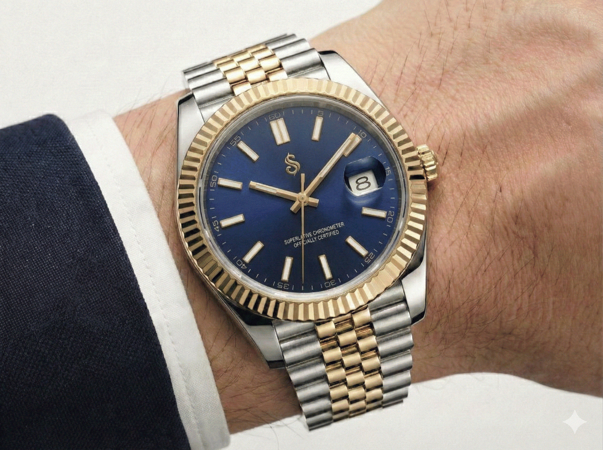 SeikJust Date Window Two-Tone Blue Dial Seiko Mod luxury watch with NH35 movement and sapphire crystal by Modtime Creations