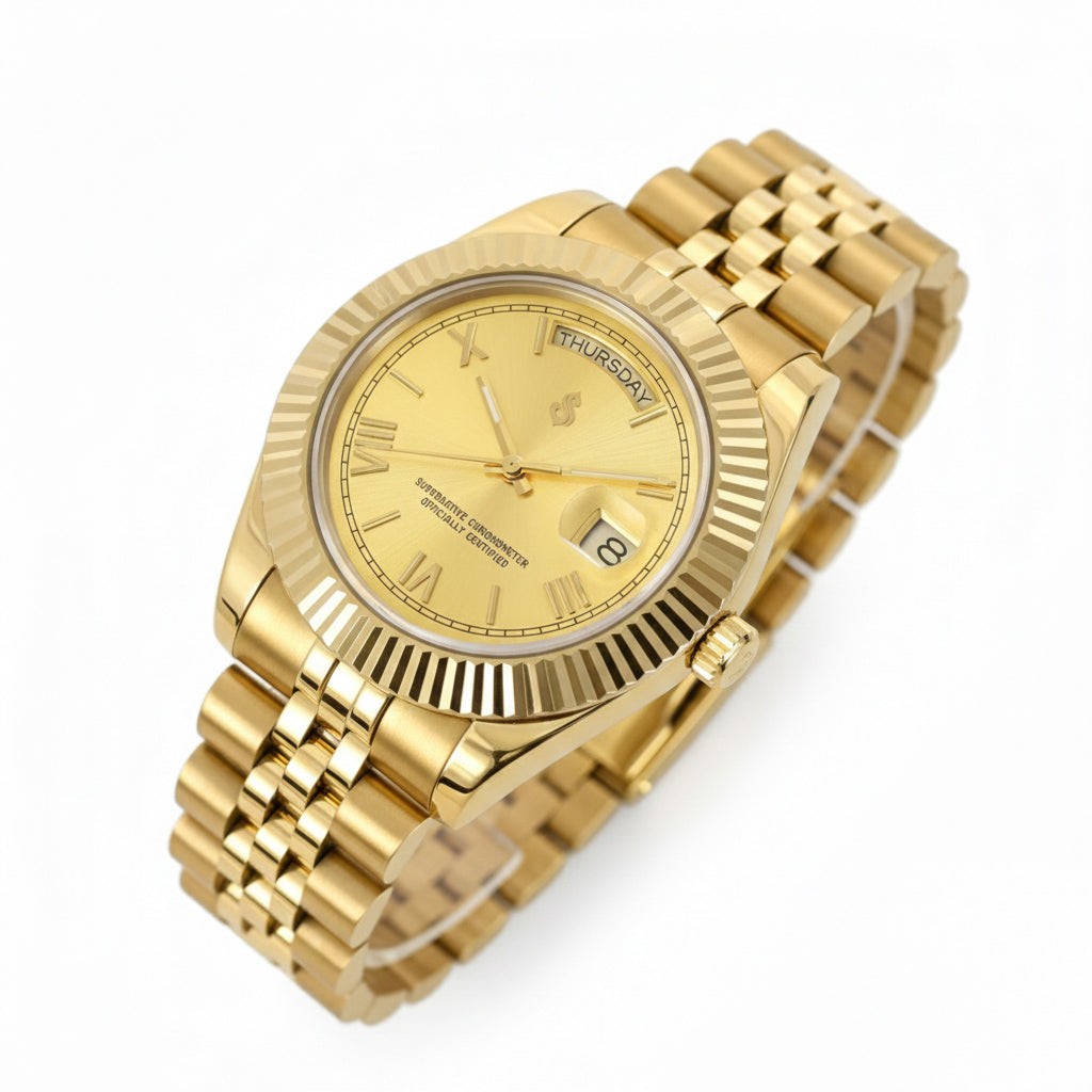 Modded Seiko watch with gold Roman numerals and day-date dial by Modtime