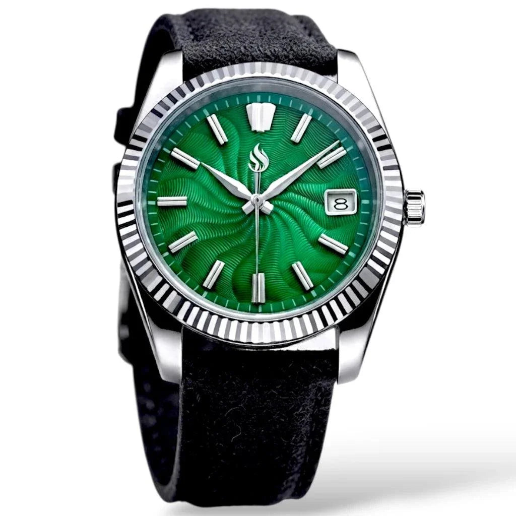 Seiko mod watches datejust green Guilloche dial with black leather Bracelet by Modtime Creations 