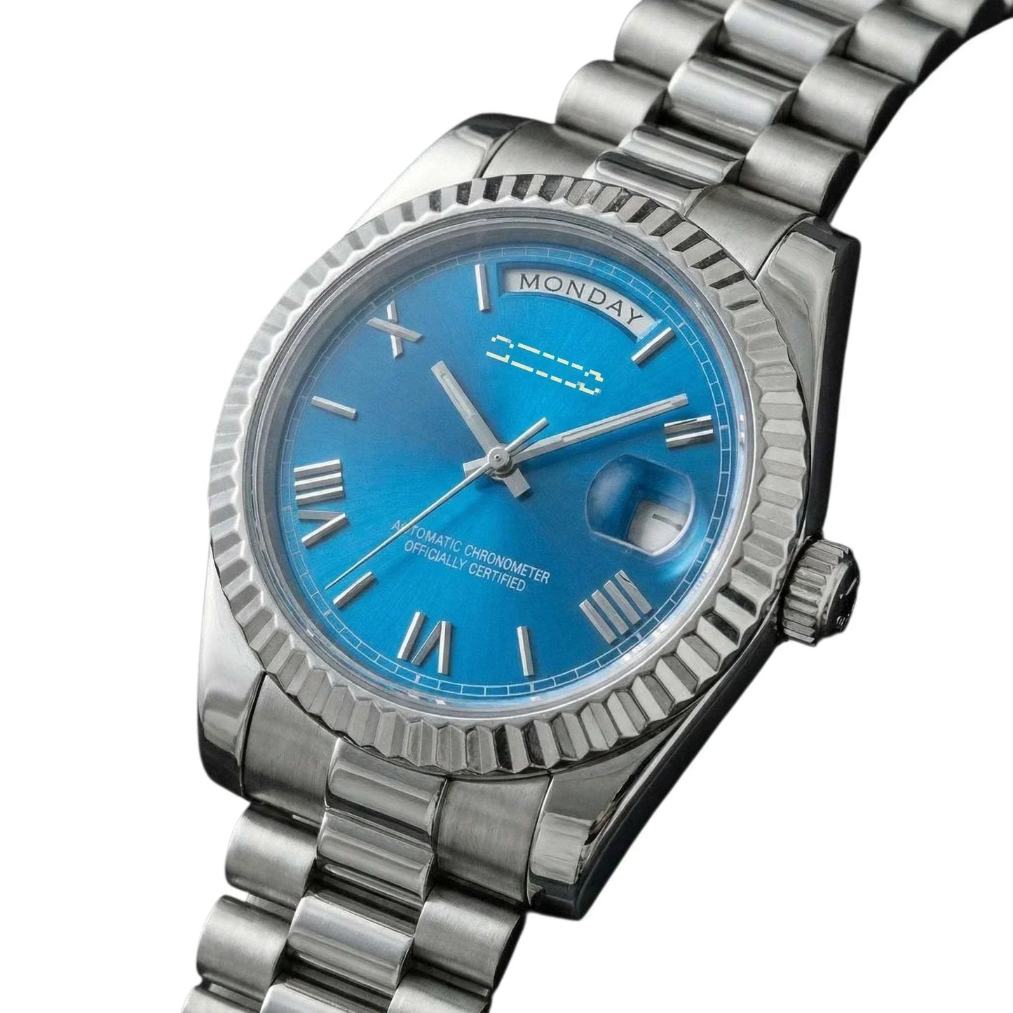 Modtime Day & Date royal blue dial modded Seiko watch with Miyota 8285 automatic movement