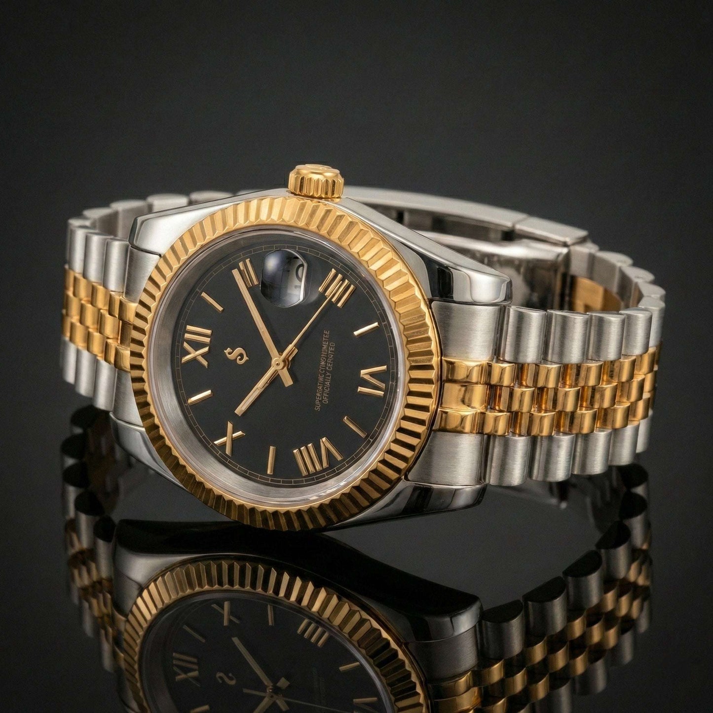 SeikJust two-tone Seiko Mod watch with Roman numerals and date window by Modtime Creations