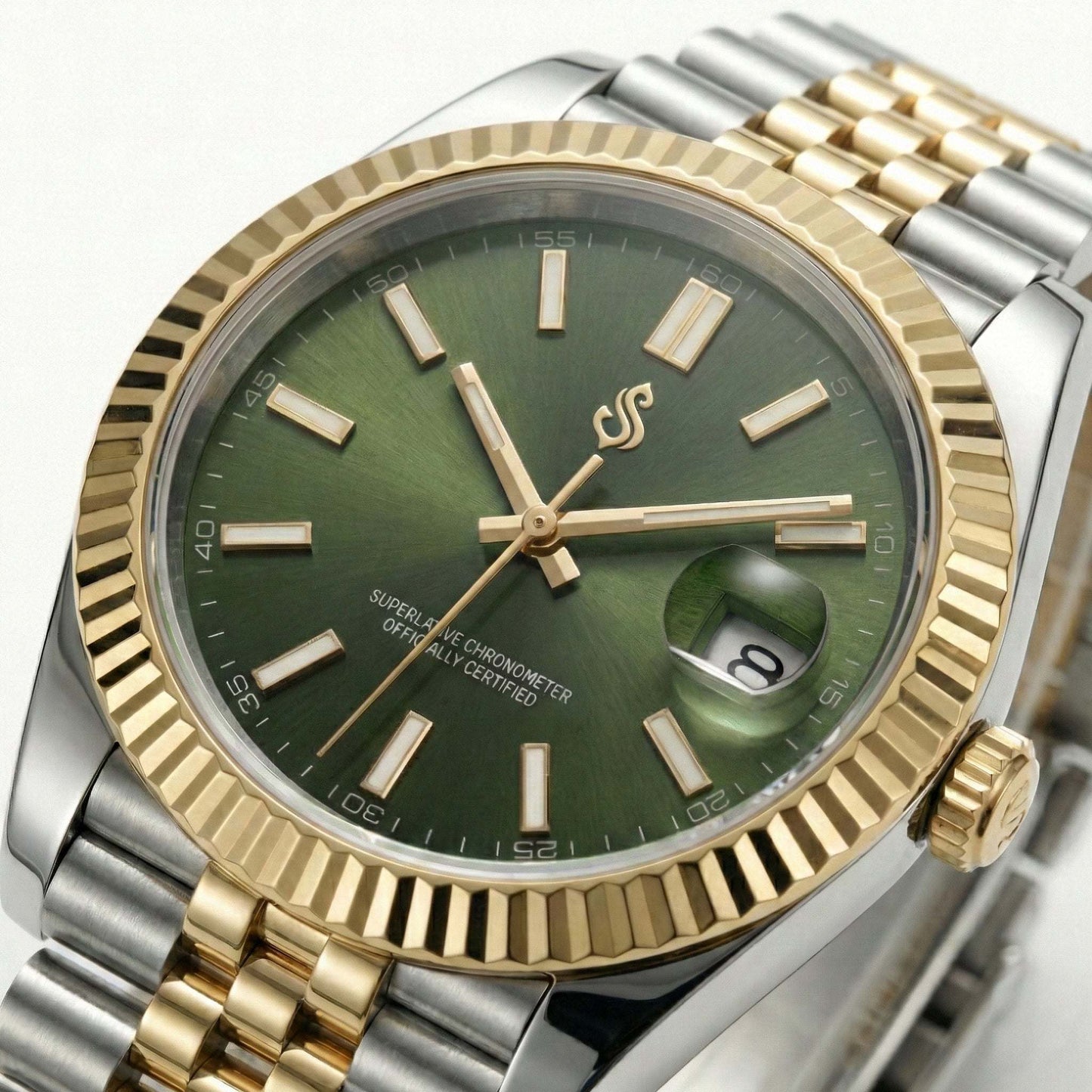 Seiko Mod olive green dial two-tone watch with date window by Modtime Creations
