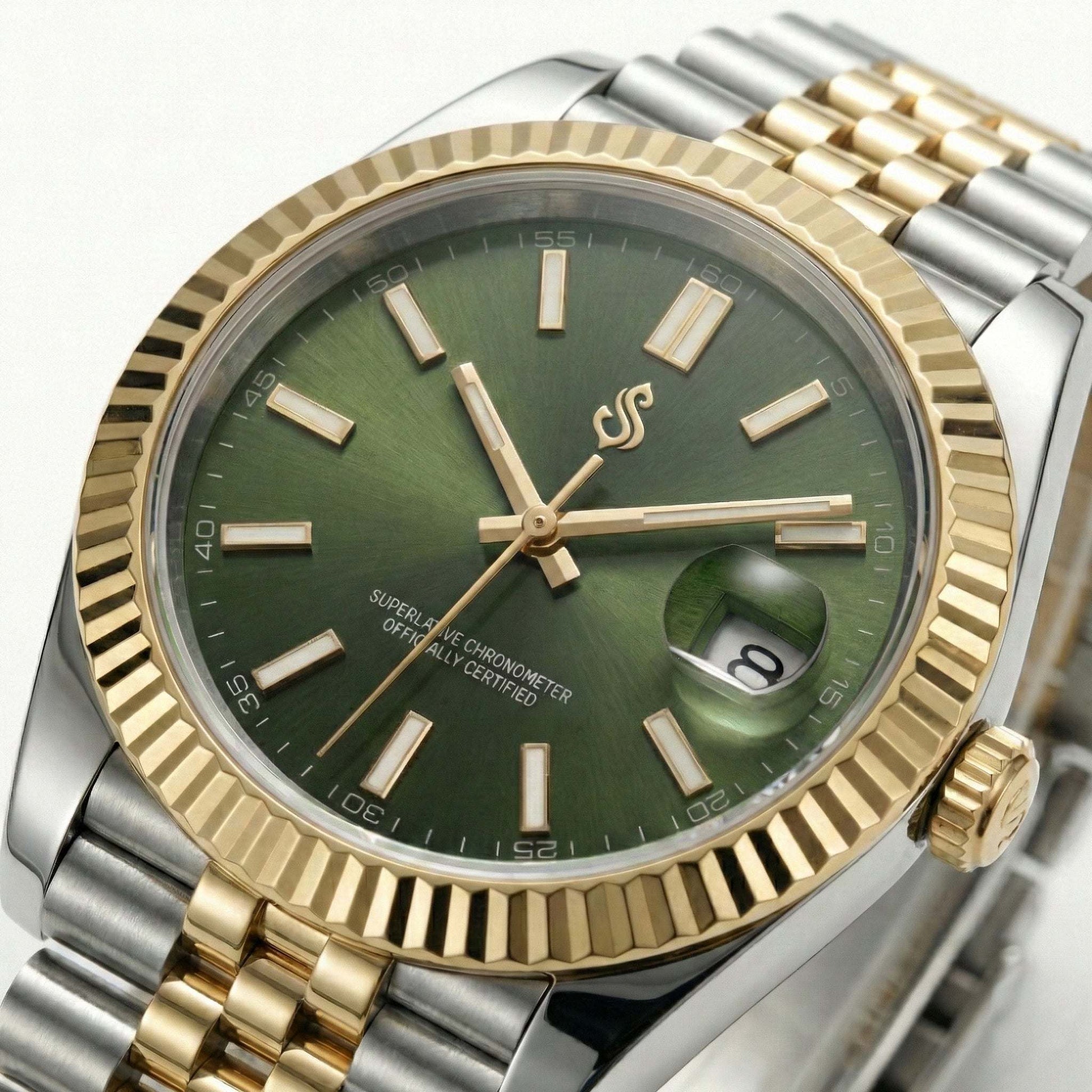 Seiko Mod olive green dial two-tone watch with date window by Modtime Creations