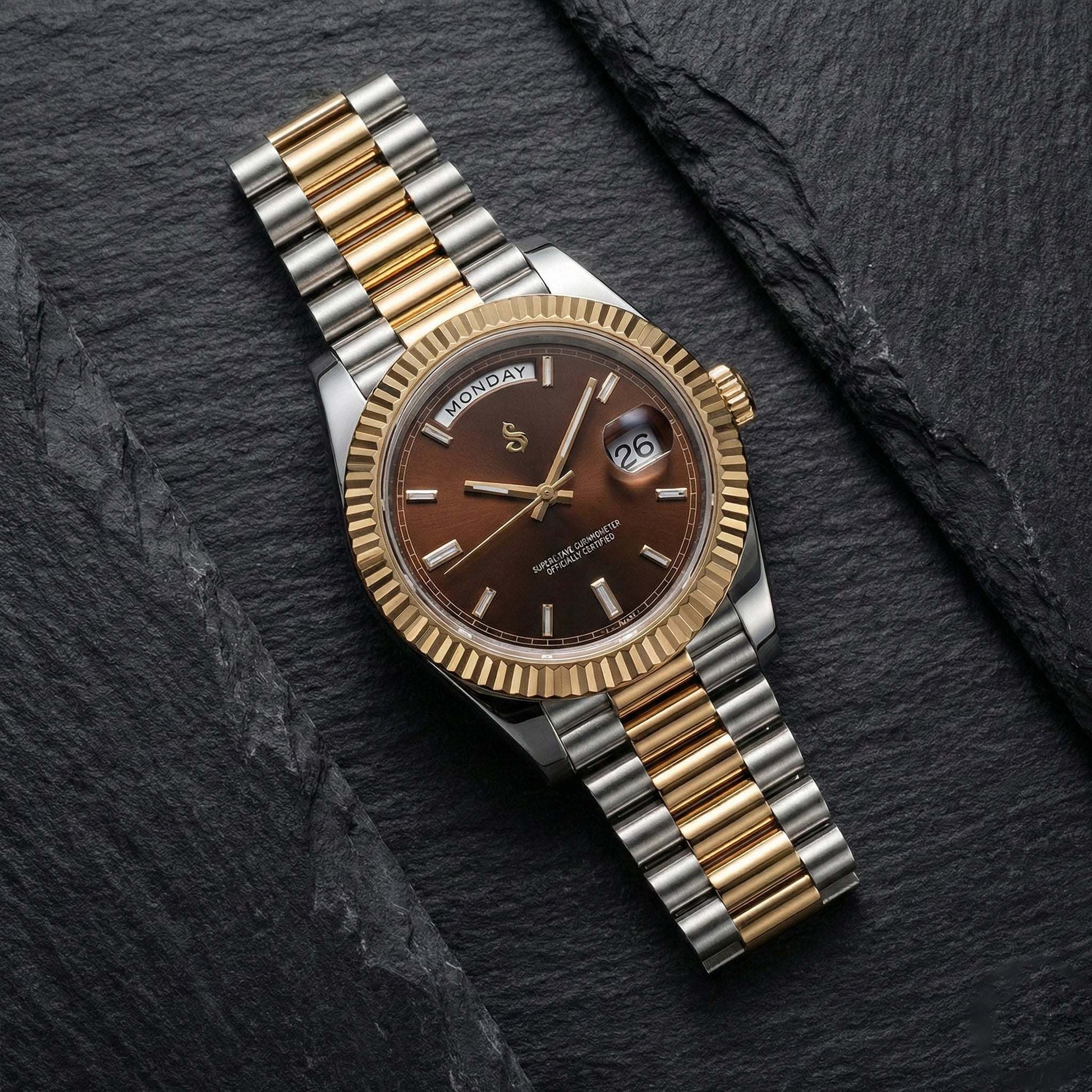 Two-tone chocolate dial Seiko Mod watch with day and date window by Modtime Creations