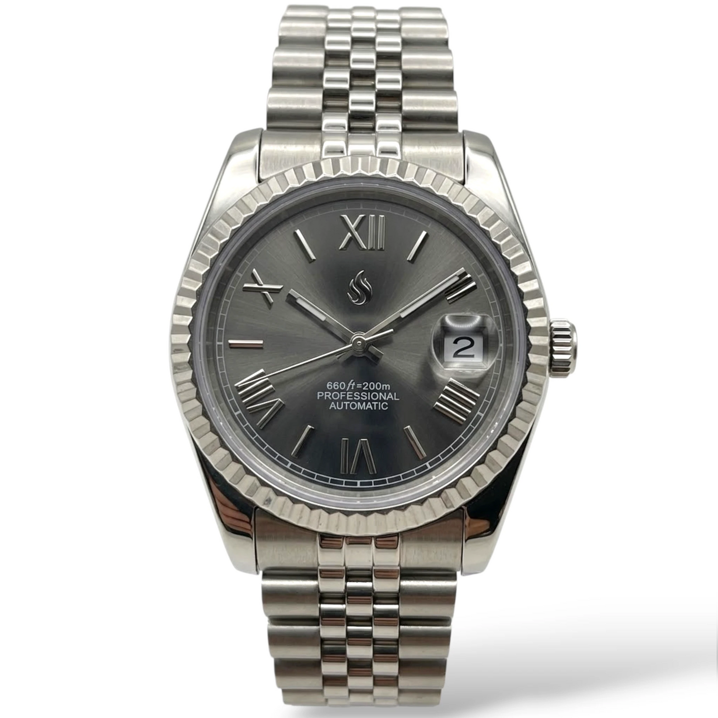 SeikJust Date Window Dark Grey Sunburst Dial Roman Numerals Mod Watch - Modtime Creations