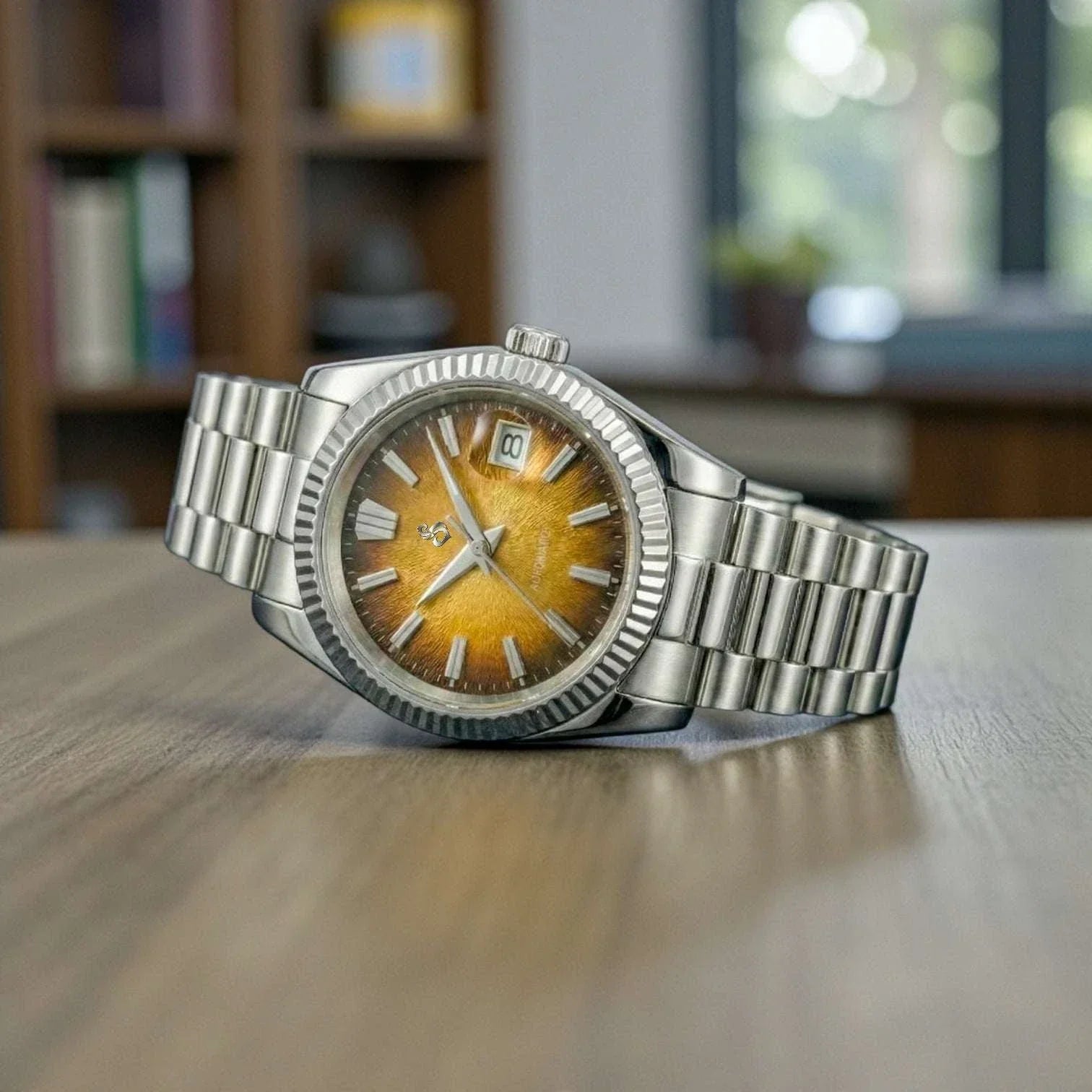 Seiko mod watch with grand gold textured dial and date window by Modtime Creations