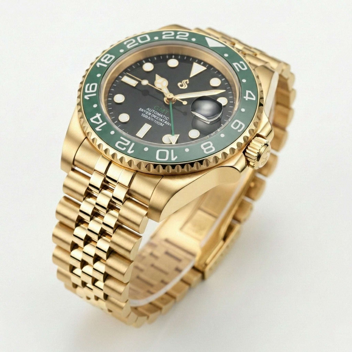 SeikMariner GMT Gold Starbucks Mod watch with black dial and ceramic bezel by Modtime Creations