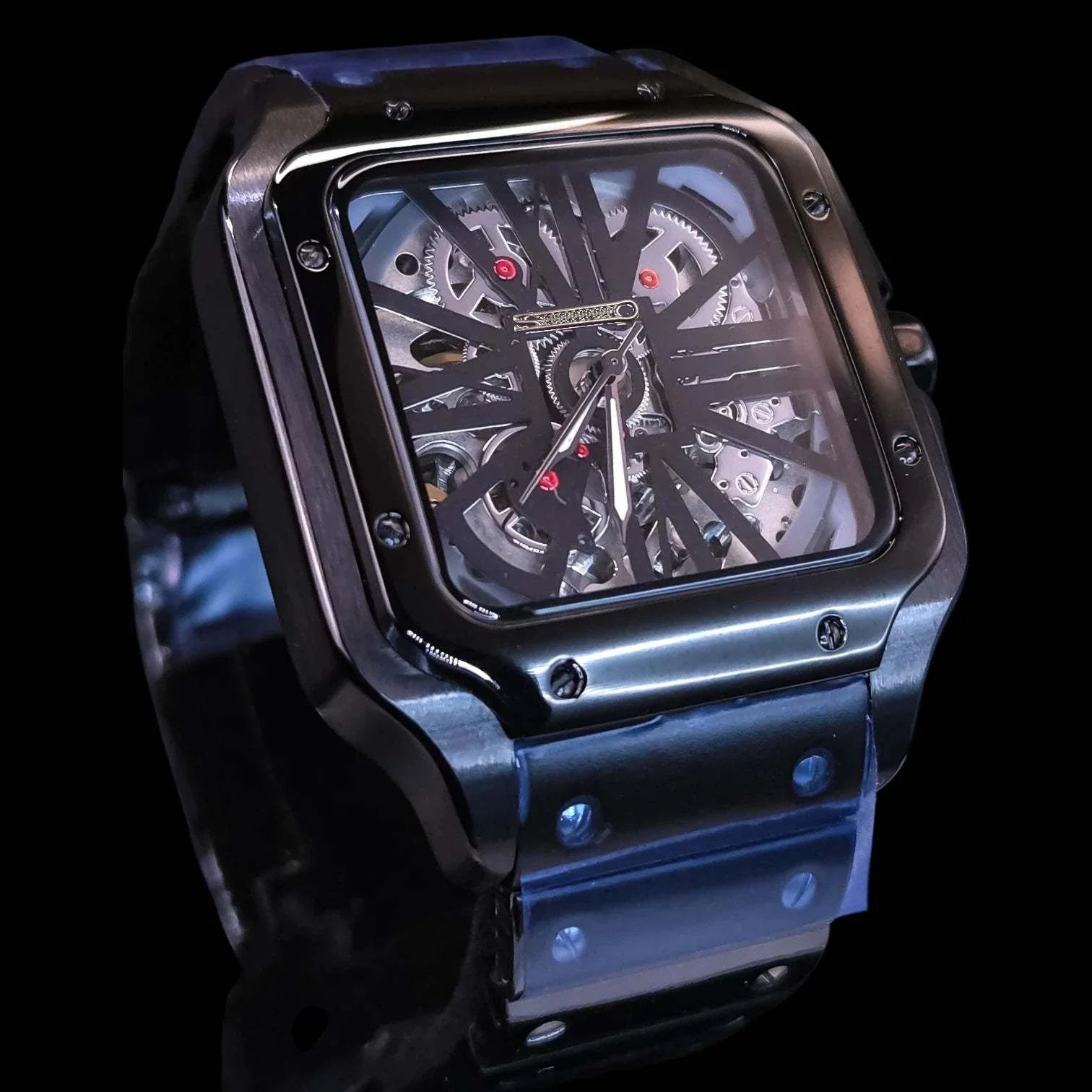 Santeiko Black Skeleton Series Seiko Mod watch with classic dial and stainless steel bracelet