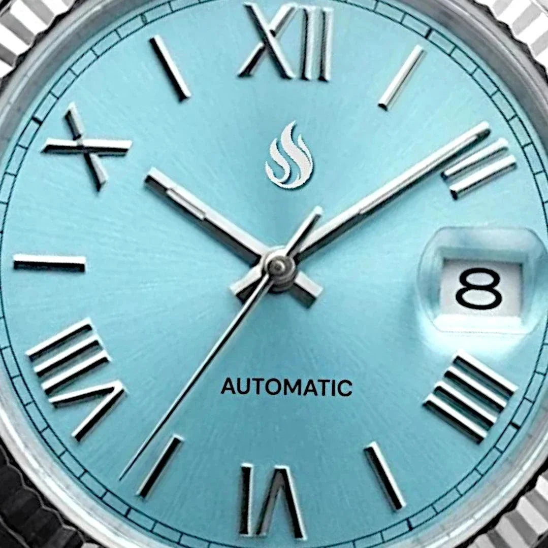 Seiko Mod Watch Datejust Tiffany Blue Dial with Roman Numeral Indices in a silver case and bracelet built by Modtime Creations 