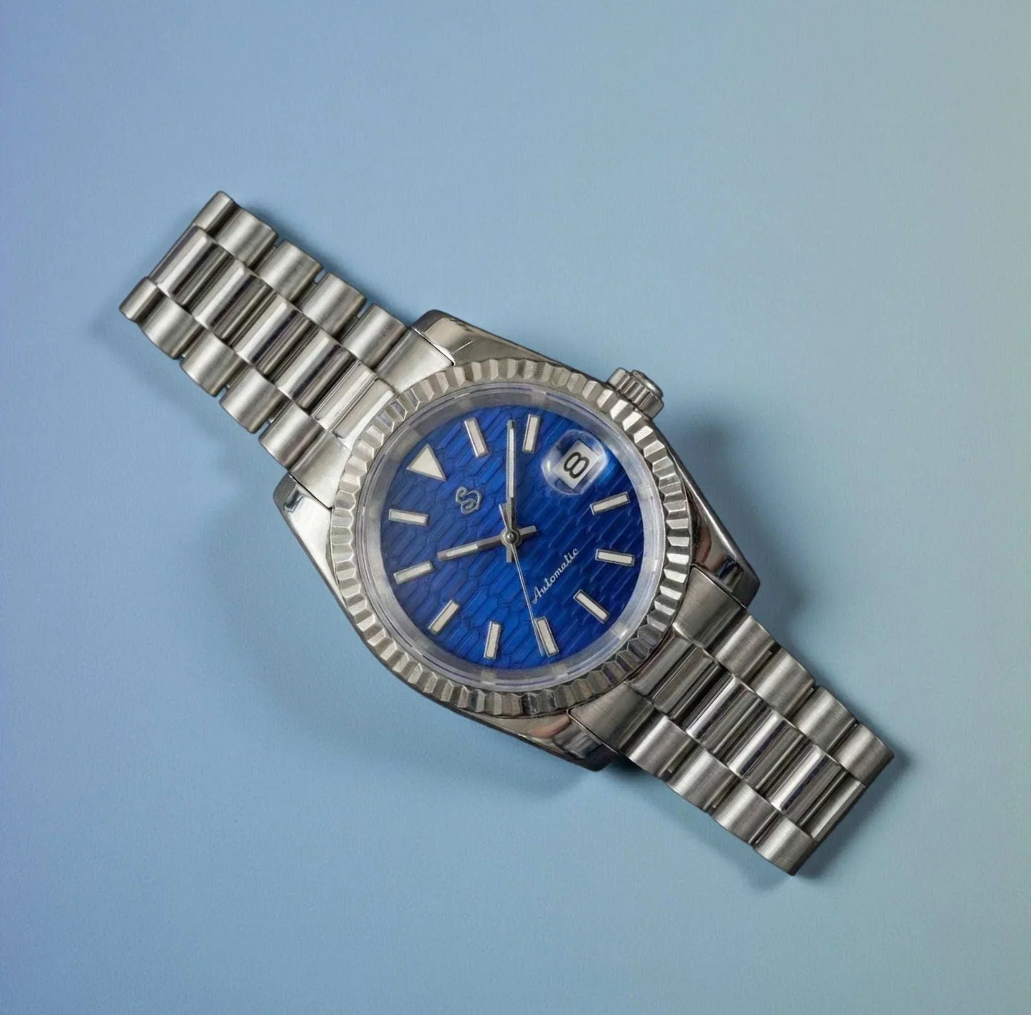 SeikJust Seiko Mod blue ripple motif dial watch with date window by Modtime Creations