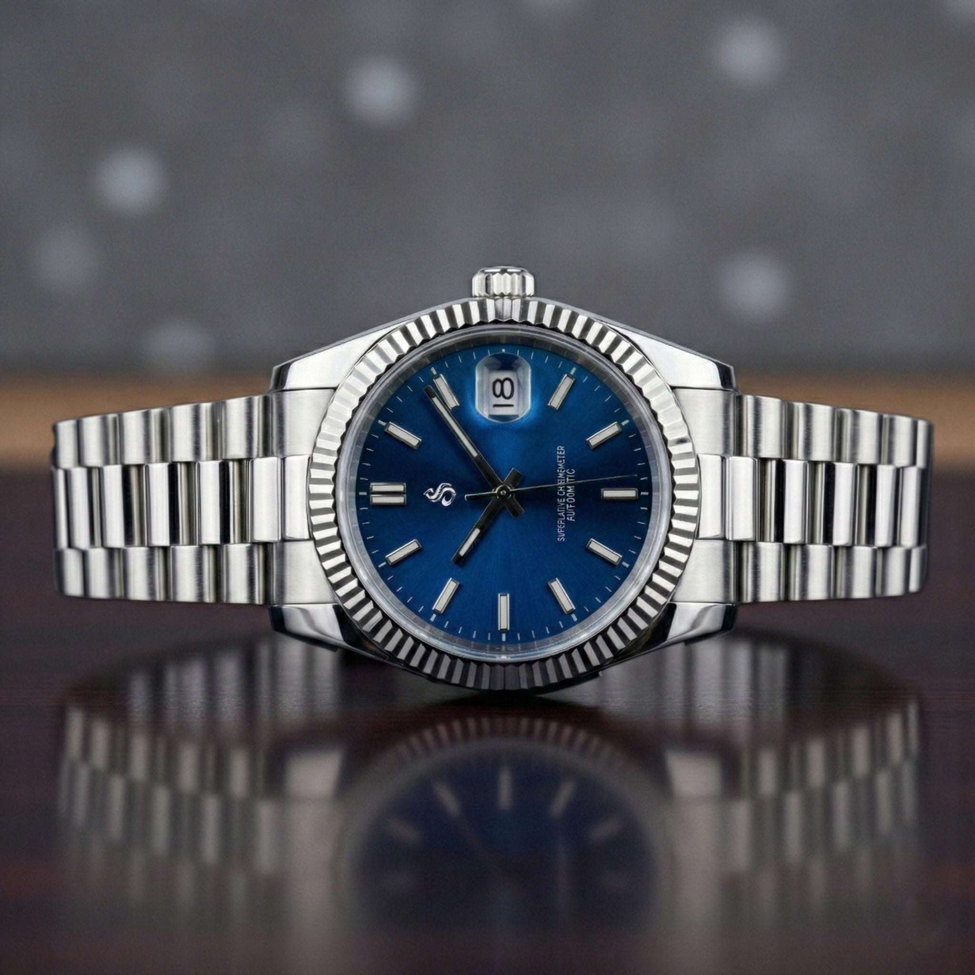 Seiko mod watch with silver blue dial and date window by Modtime Creations