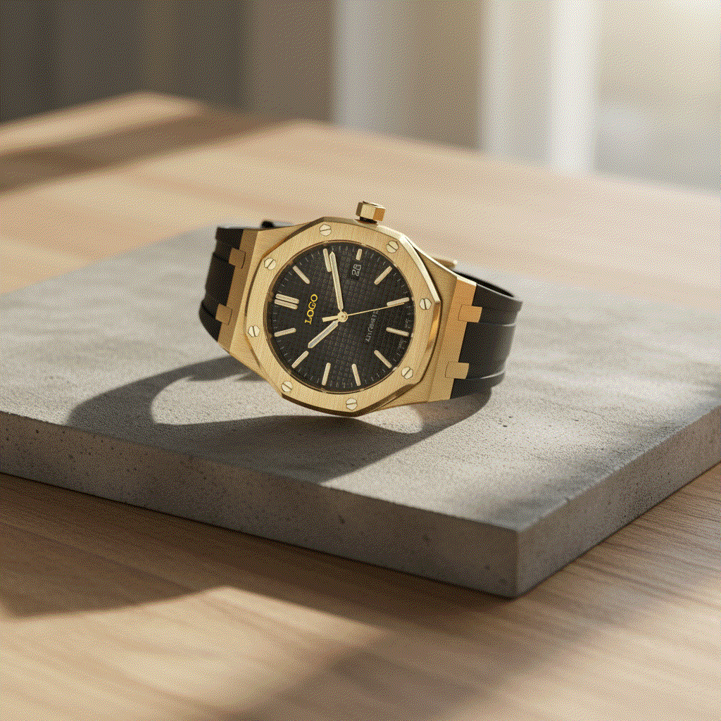 Heritage Oak Gold Seiko Mod watch with black dial and stainless steel bracelet