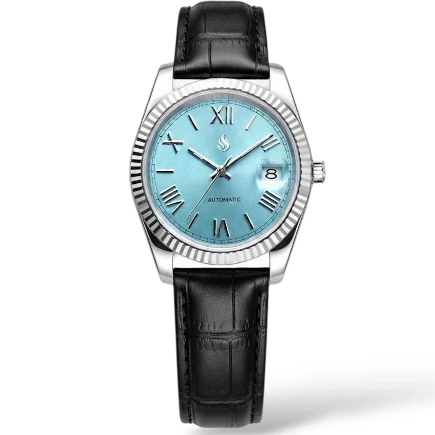 Seiko Mod Watch Datejust Tiffany Blue Dial with Roman Numeral Indices in a silver case and black leather bracelet built by Modtime Creations 