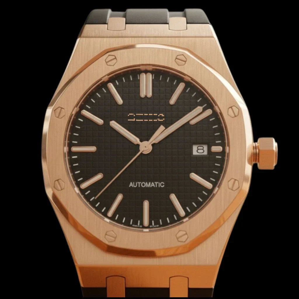 Seiko mod Heritage Oak Rose Gold watch with black dial and sapphire crystal