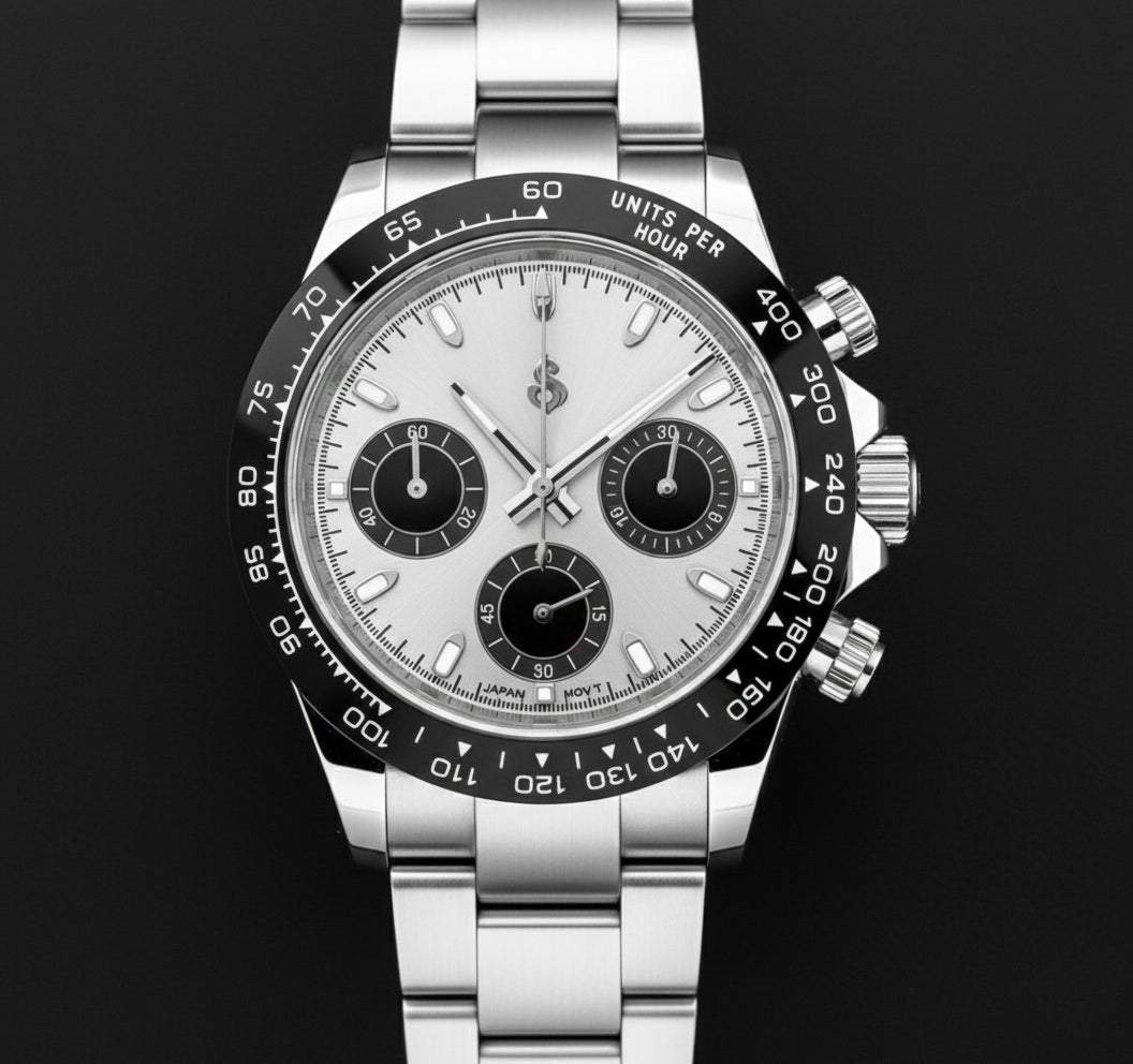 Seitona Silver Black Dial Seiko Mod chronograph watch with stainless steel bracelet