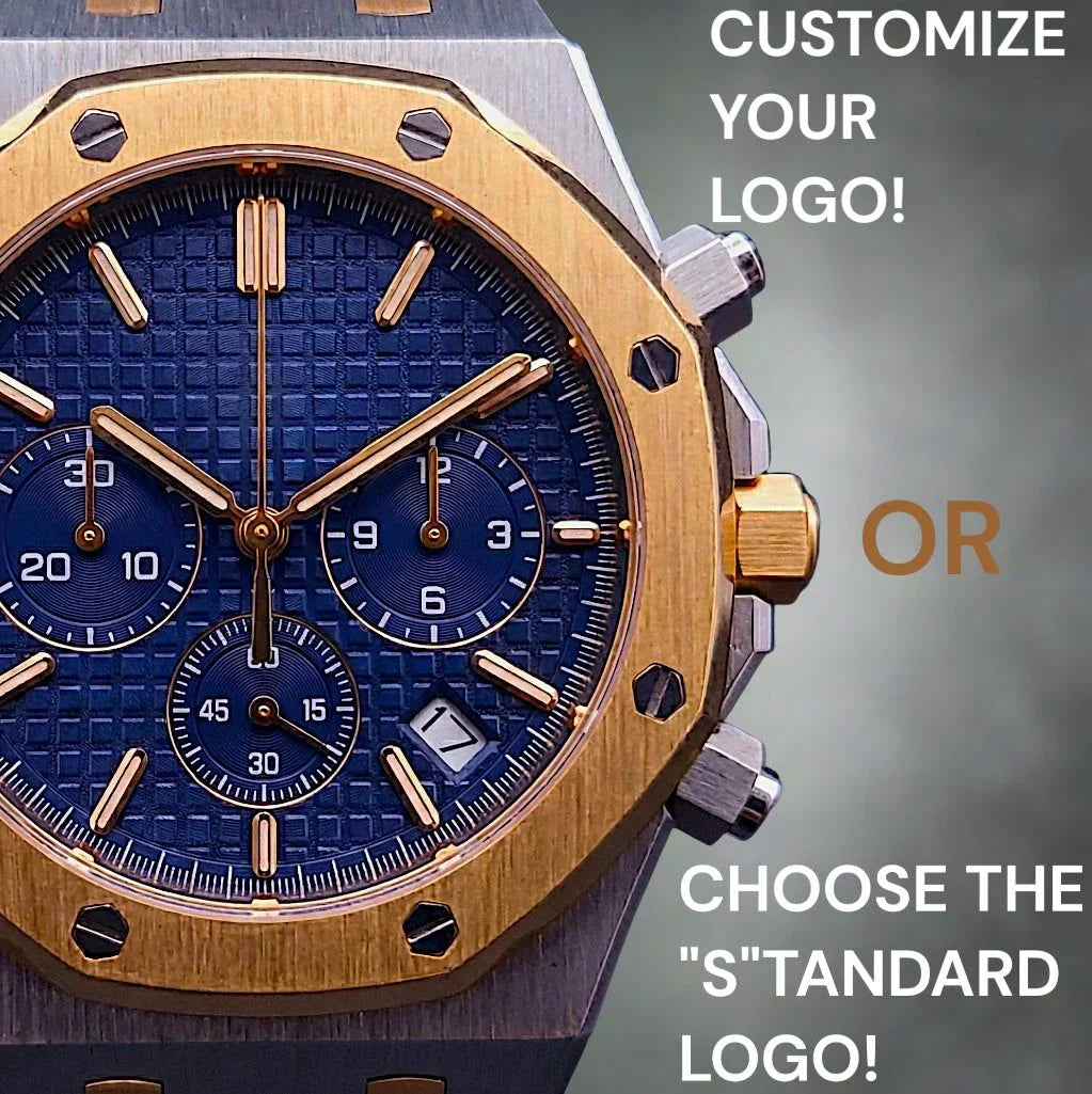 Modded Seiko Heritage Oak chronograph luxury watch with two-tone blue dial and stainless steel bracelet