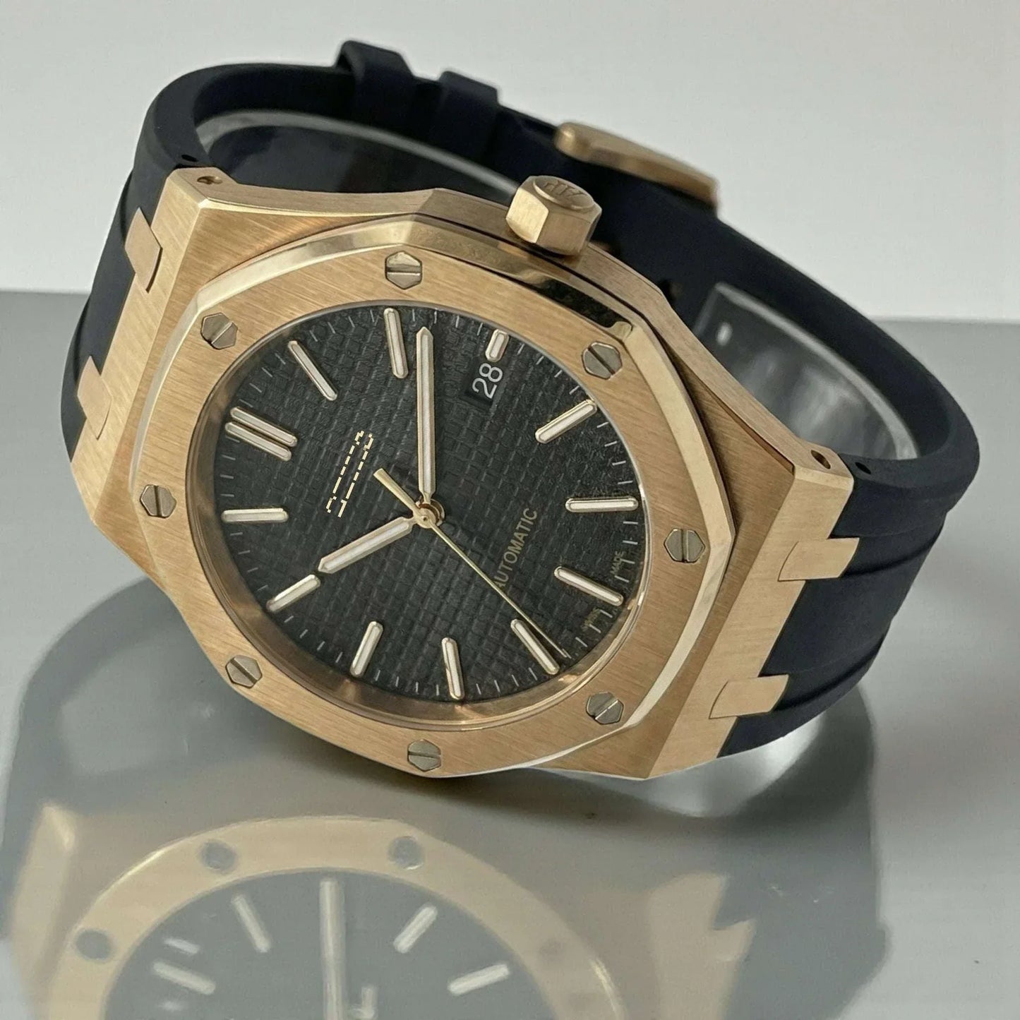 Heritage Oak Gold Seiko Mod watch with black dial and sapphire crystal