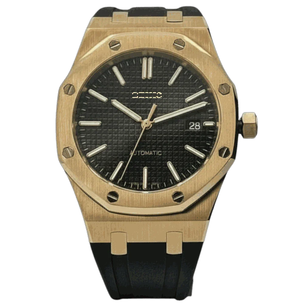 Heritage Oak Gold Seiko Mod watch with black dial and stainless steel case