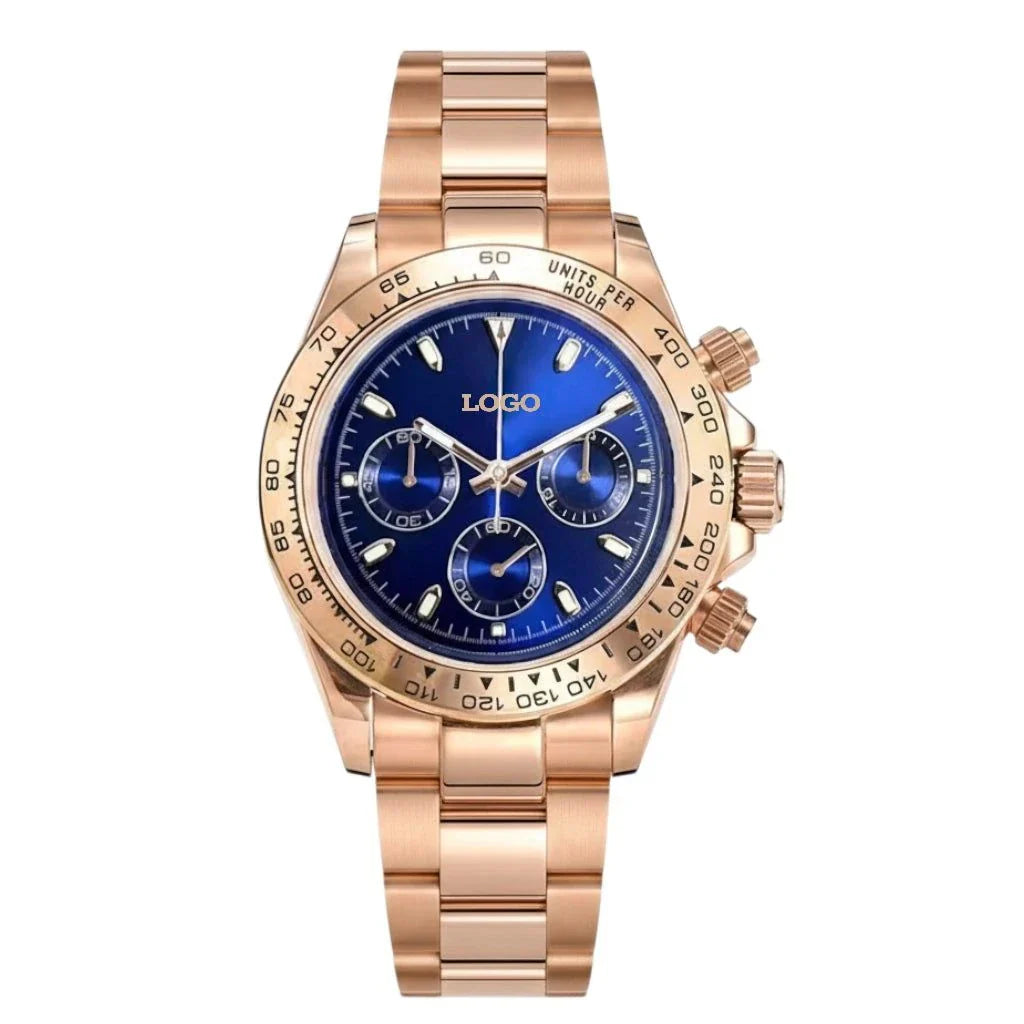 Seitona Rose Gold Seiko Mod luxury chronograph watch with blue dial and stainless steel bracelet