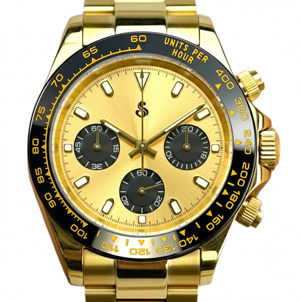 Seitona Gold case Seiko mod watch with gold black dial and VK63 hybrid chronograph movement