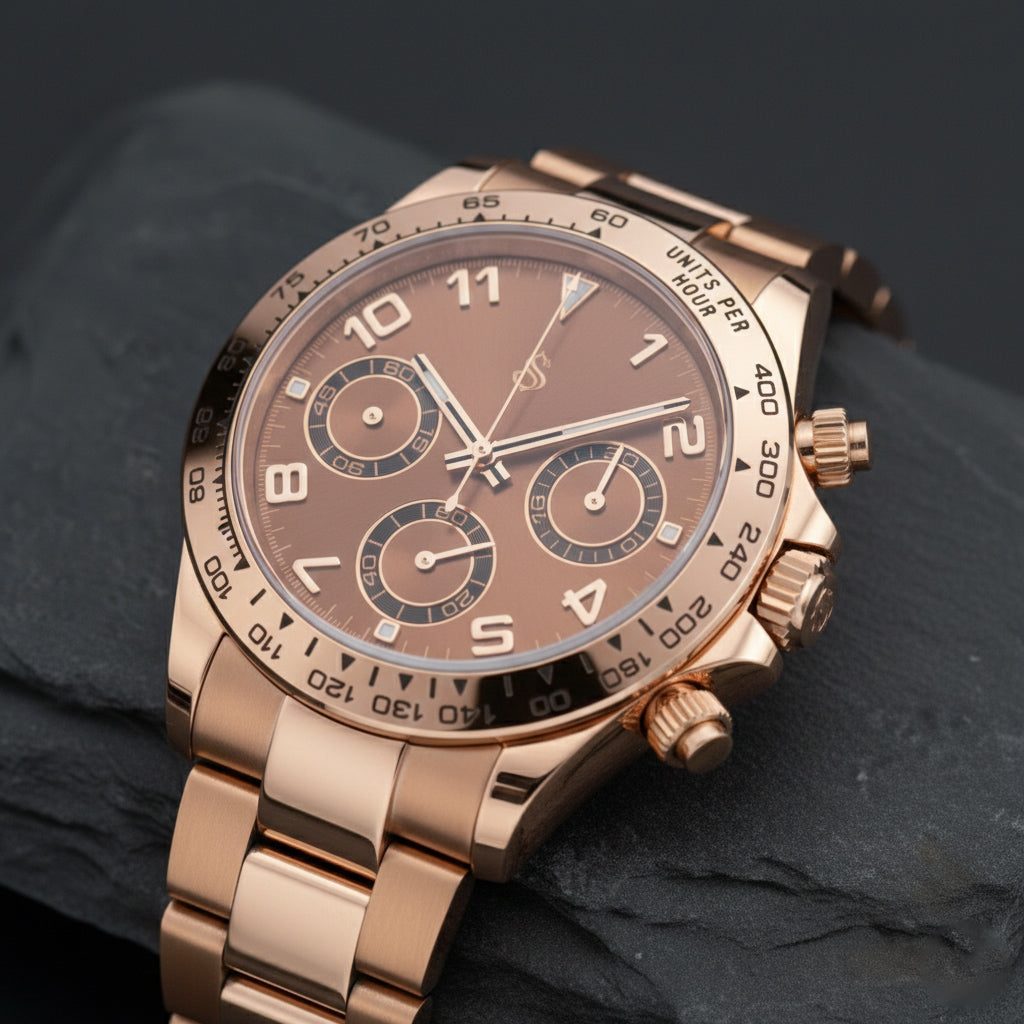 Seiko Mod Seitona rose gold case watch with chocolate bronze dial precision chronograph