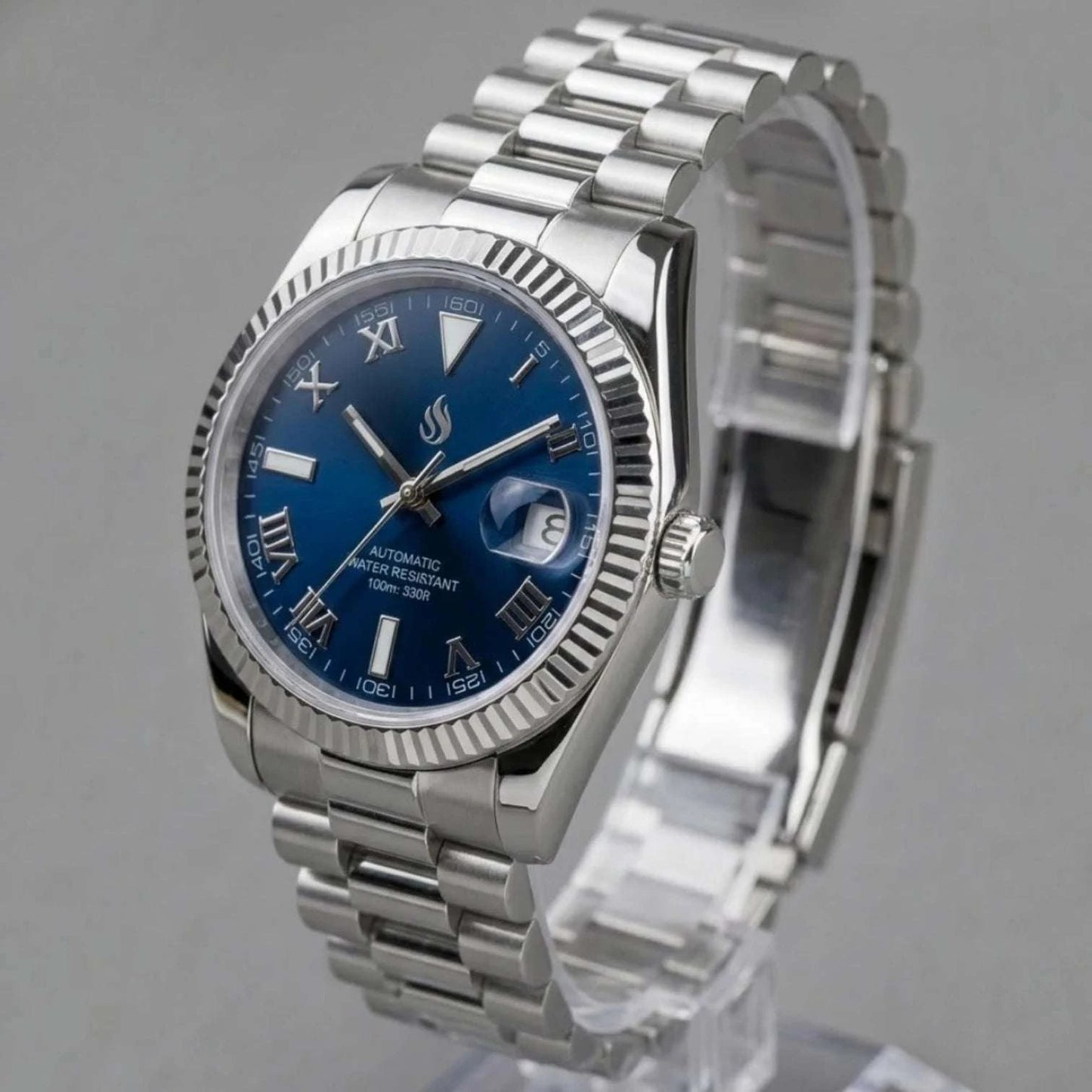 SeikJust Date Window Blue Roman Numeral Dial Mod Watch - Modtime Creations