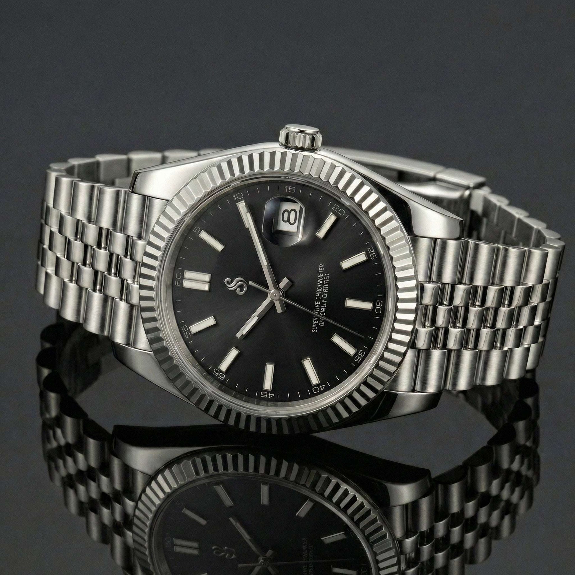 SeikJust luxury Seiko mod watch with black dial and date window by Modtime Creations