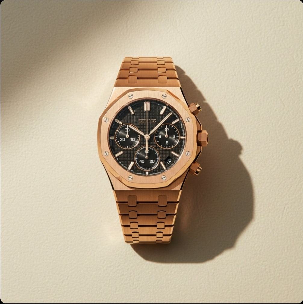 Modded Seiko Heritage Oak SeiOak chronograph watch with black dial and stainless steel bracelet