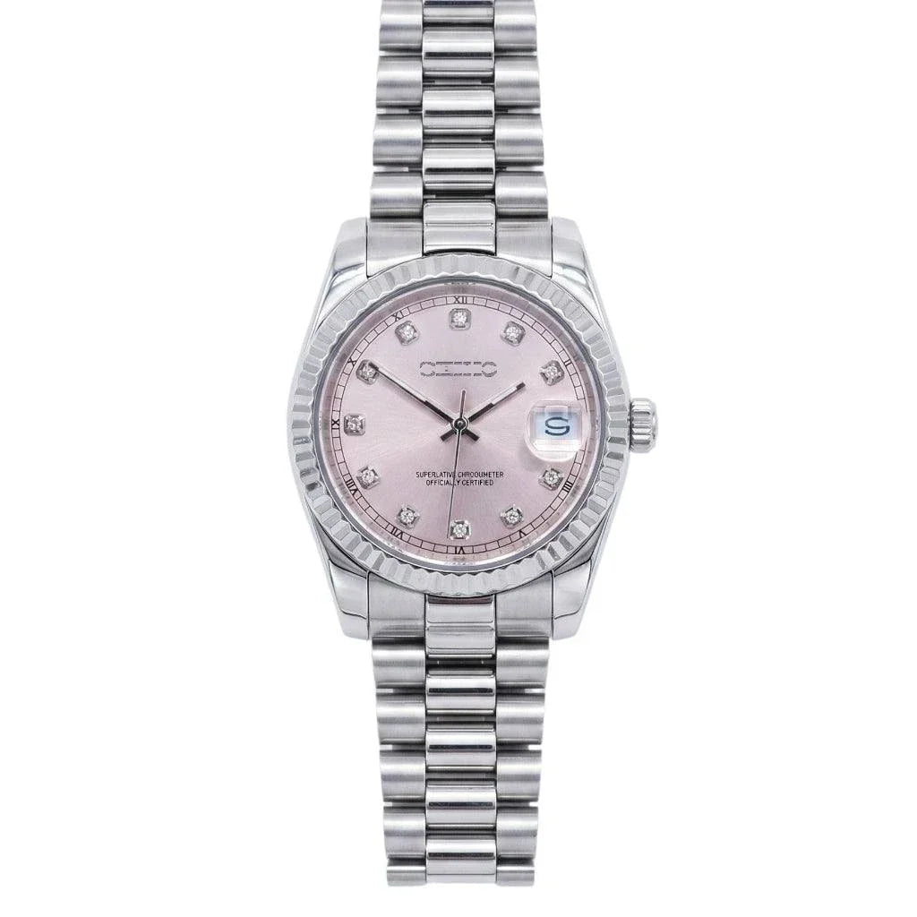 Seiko Mod luxury watch with pink gem dial and date window by Modtime Creations