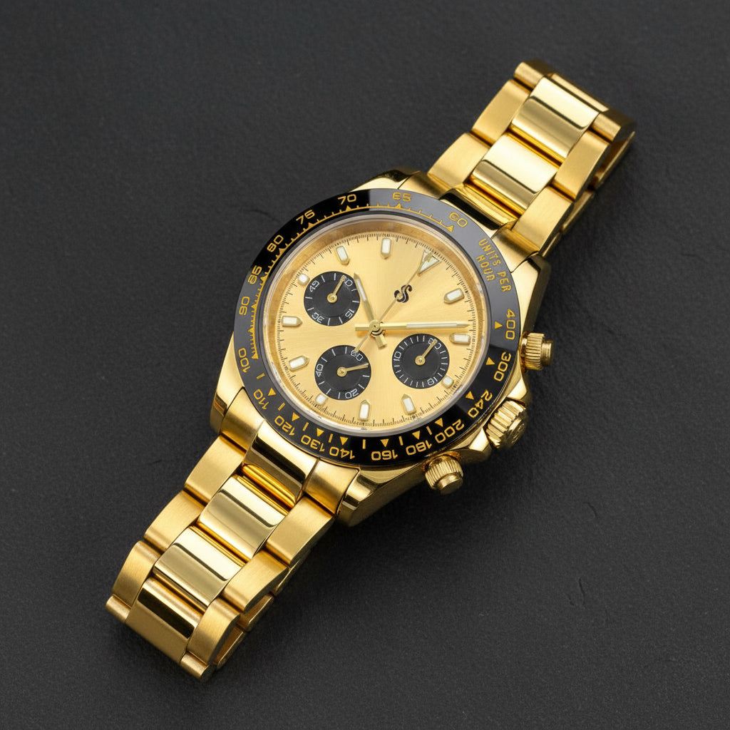 Seitona Gold case Seiko Mod watch with gold black dial and chronograph features