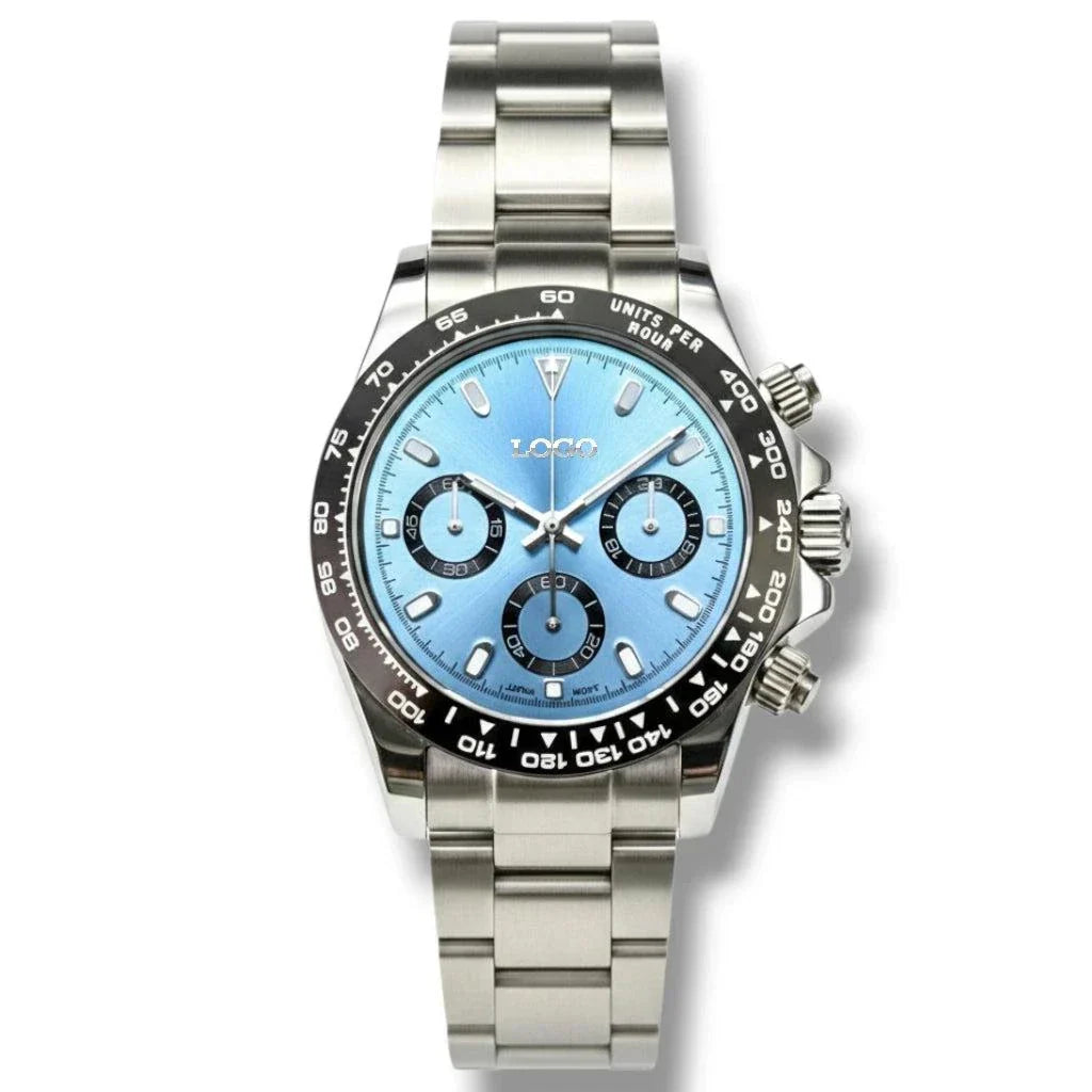 Seitona Light Blue Platinum Seiko Mod luxury chronograph watch with VK63 hybrid movement and sapphire crystal glass