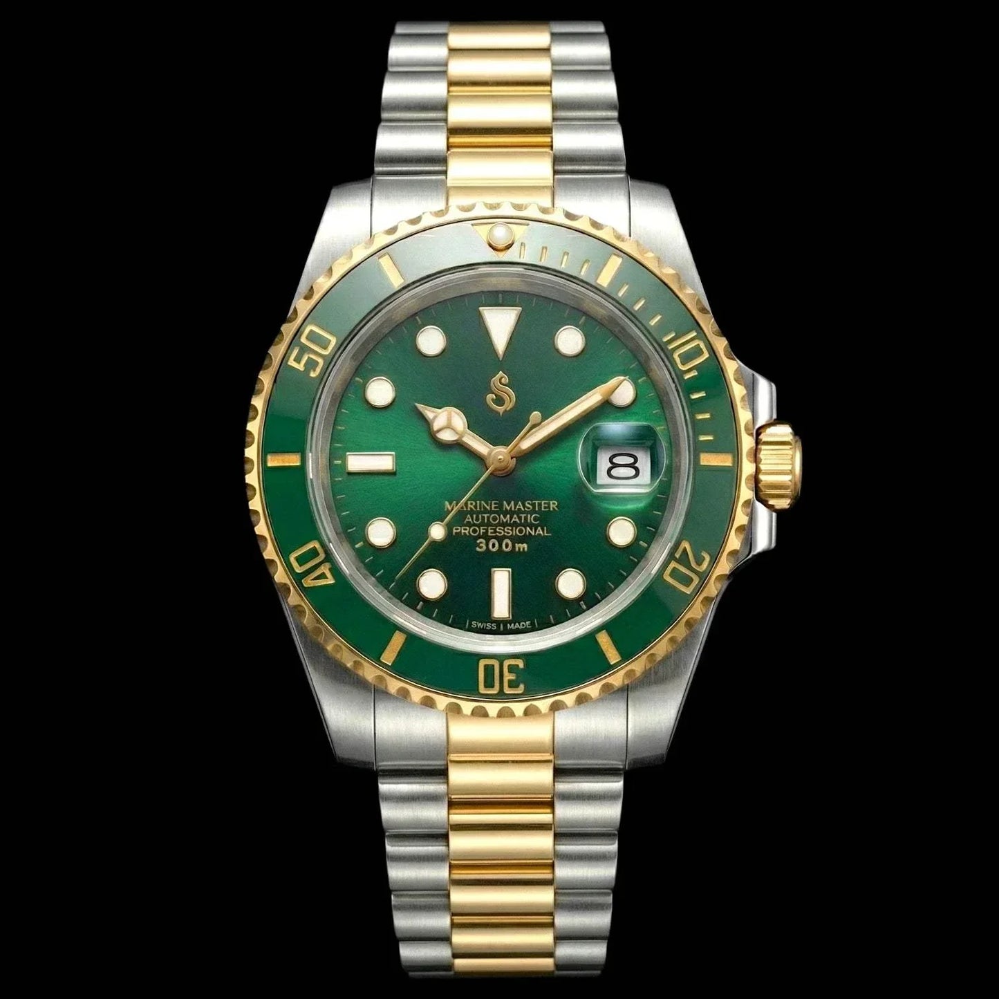SeikMariner two-tone green gold Seiko mod luxury diver watch with sapphire crystal and NH35 automatic movement