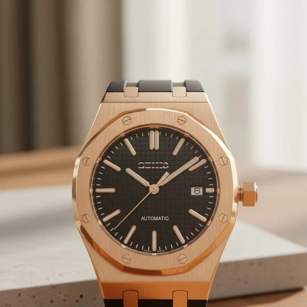 Seiko mod Heritage Oak rose gold watch with black dial and sapphire crystal