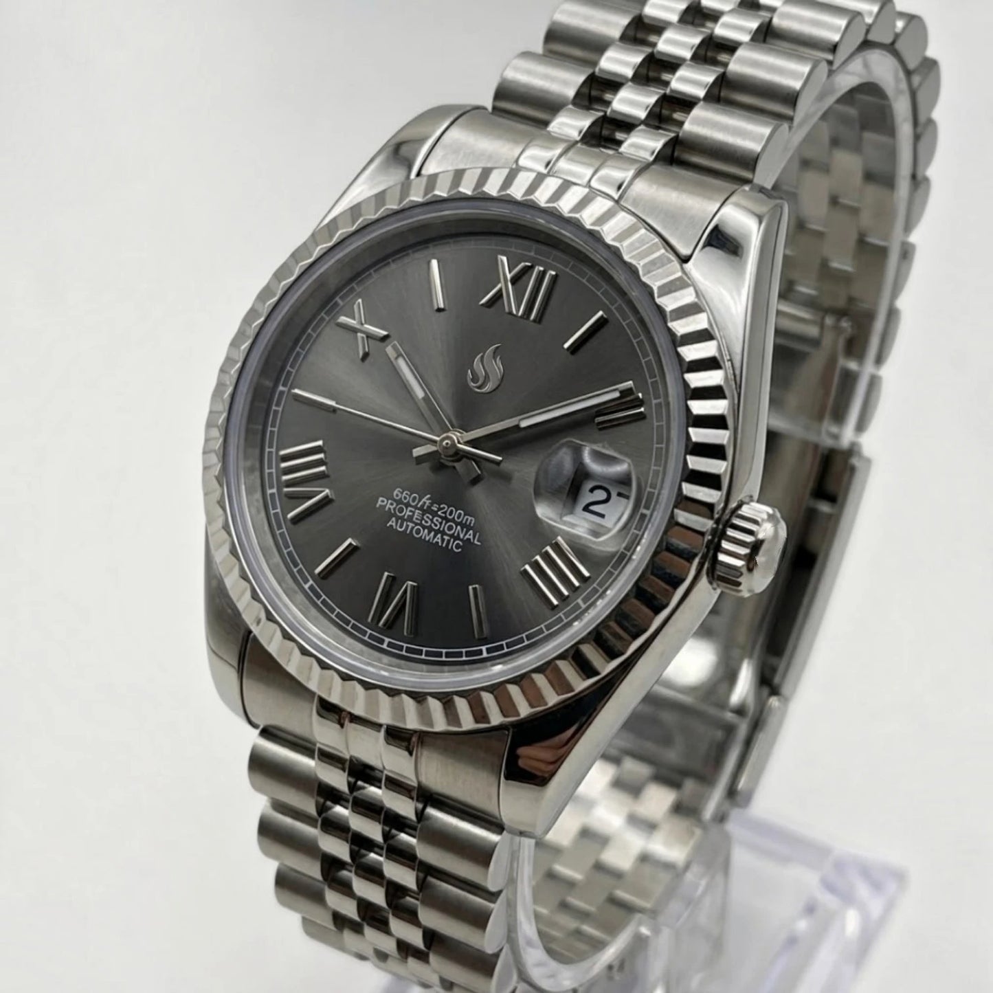 SeikJust Date Window Dark Grey Sunburst Dial Roman Numerals Mod Watch - Modtime Creations