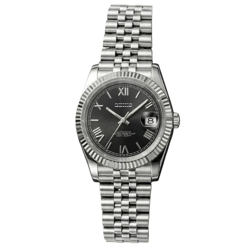 SeikJust Seiko mod watch with black dial and Roman numerals featuring date window by Modtime Creations