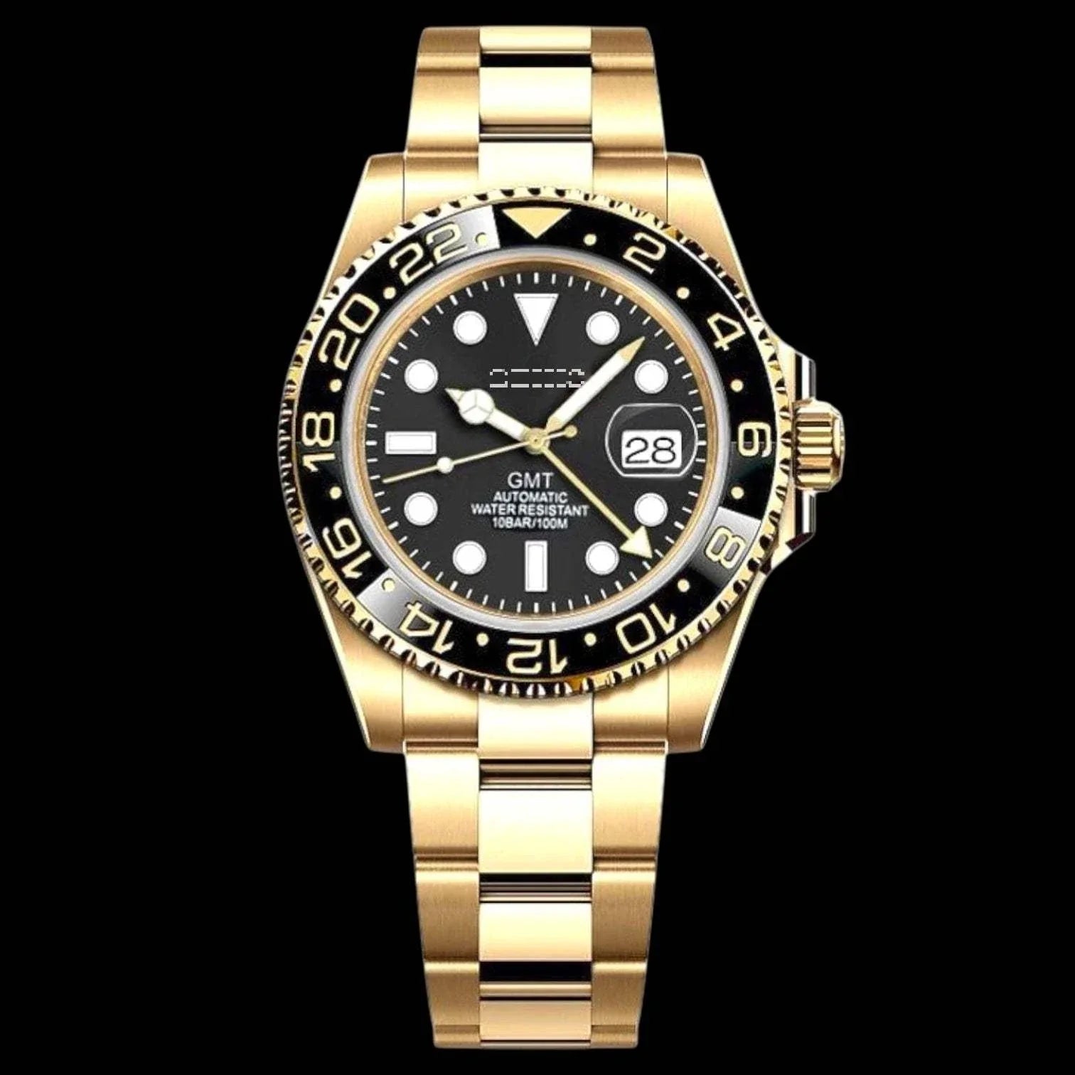 SeikMariner GMT luxury Seiko Mod watch with gold and black design, ceramic bezel, and sapphire crystal