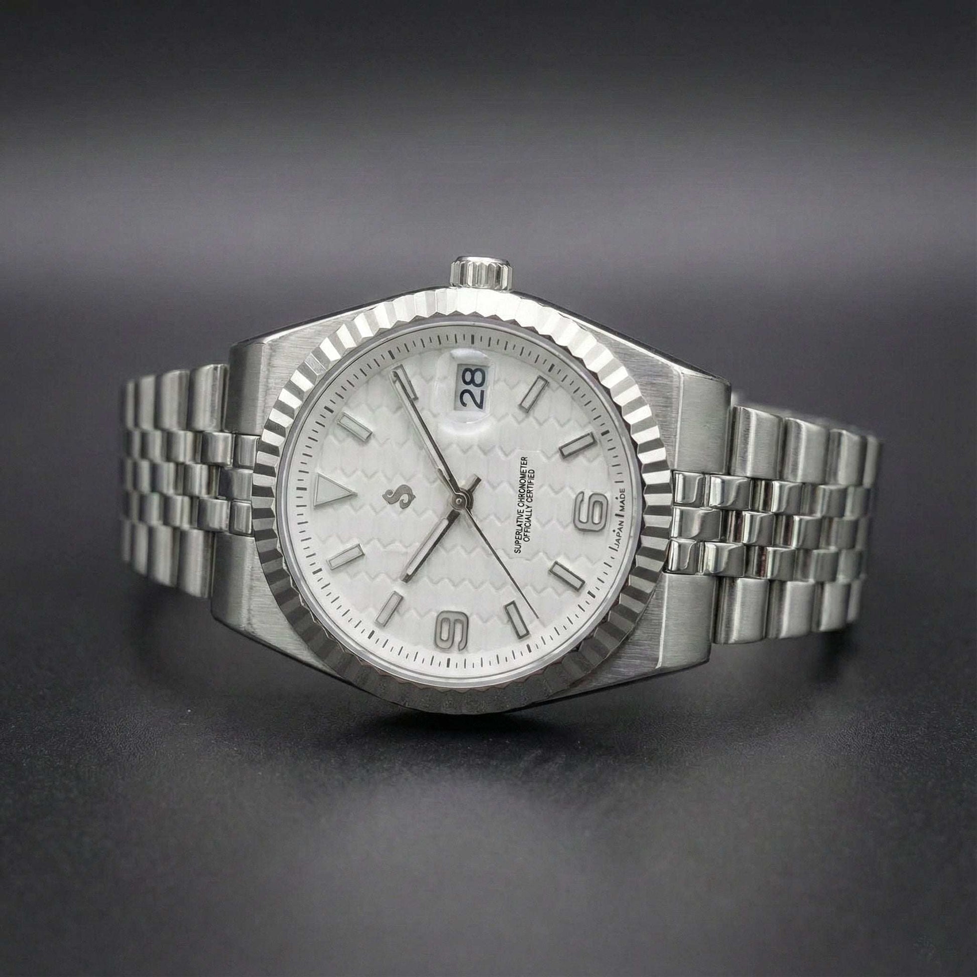 Seiko Mod luxury watch with white dial and date window by Modtime Creations