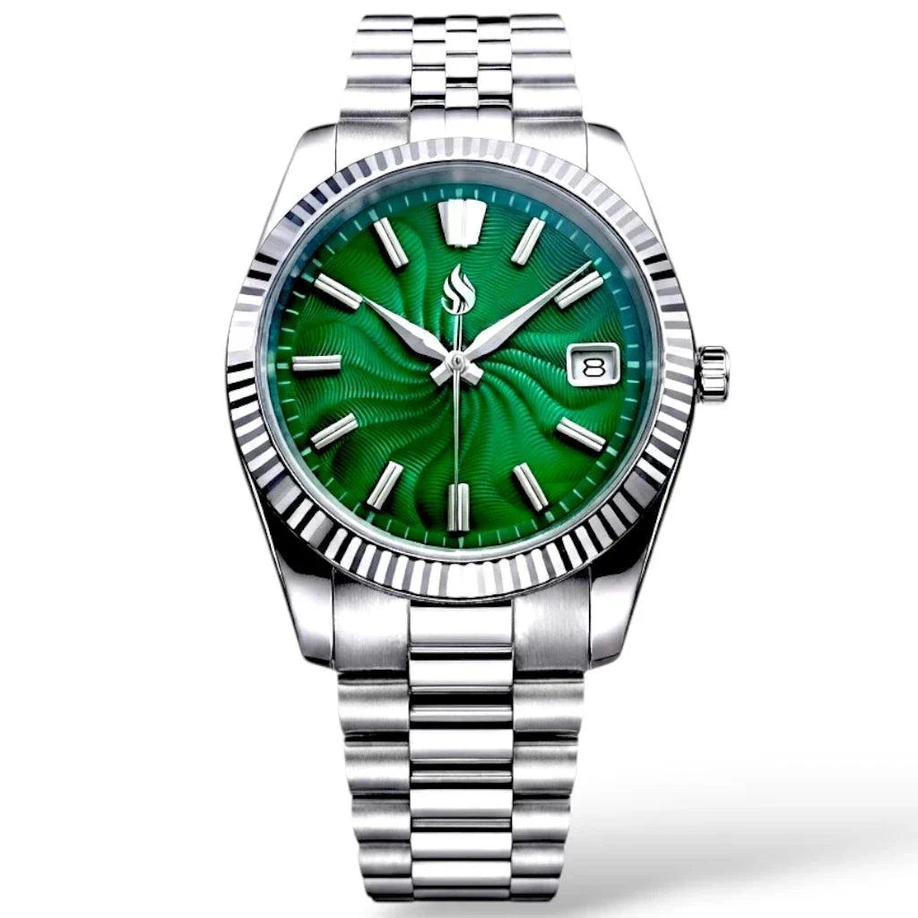 Seiko mod watches datejust green Guilloche dial with Stainless-Steel Bracelet by Modtime Creations 