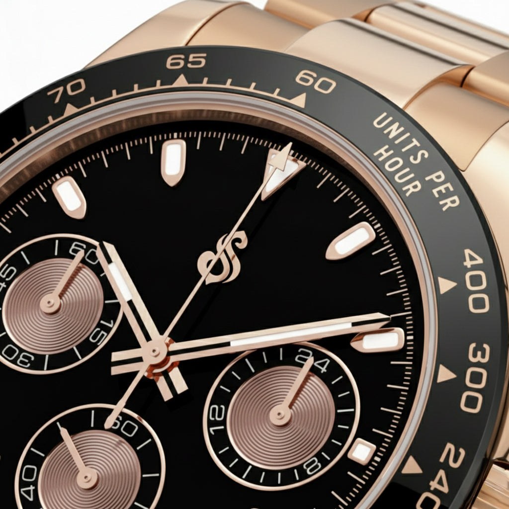 Seitona Rose Gold Seiko mod watch with black dial and bezel by Modtime