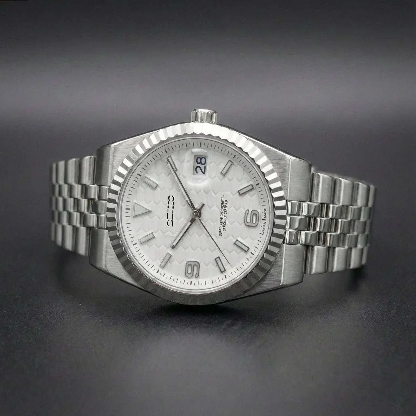 Seiko Mod luxury watch with white dial and date window by Modtime Creations