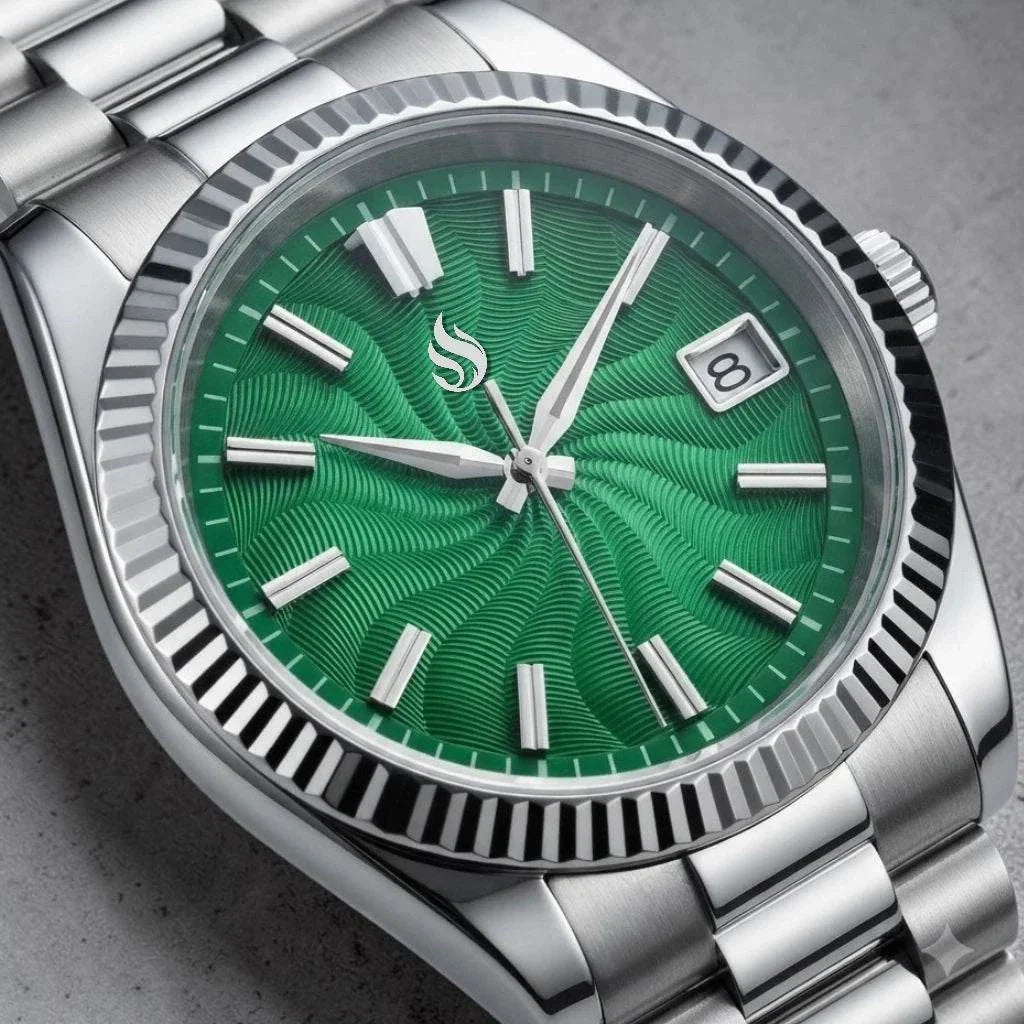 Seiko mod watches datejust green Guilloche dial with Stainless-Steel Bracelet by Modtime Creations 