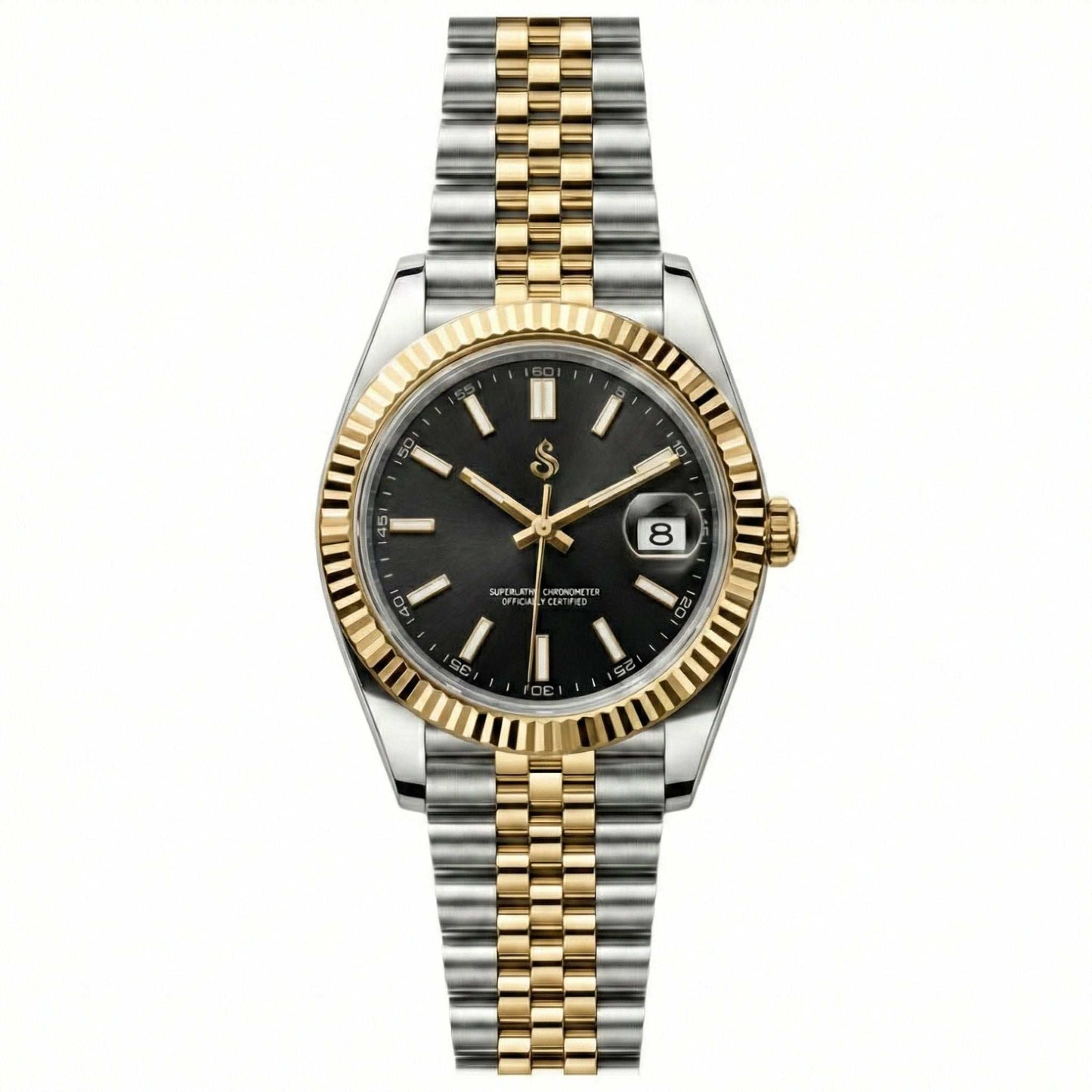 SeikJust two-tone Seiko Mod watch with black dial and gold fluted bezel featuring date window and NH35 automatic movement