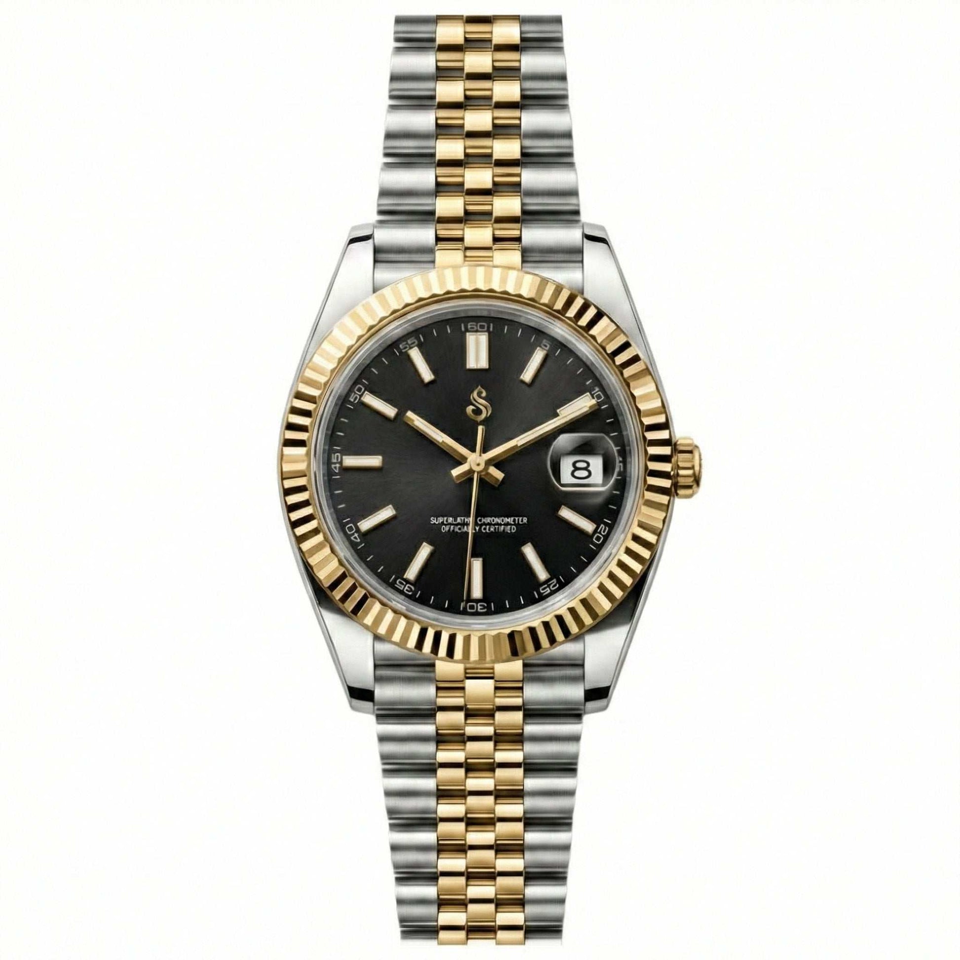 SeikJust two-tone Seiko Mod watch with black dial and gold fluted bezel featuring date window and NH35 automatic movement