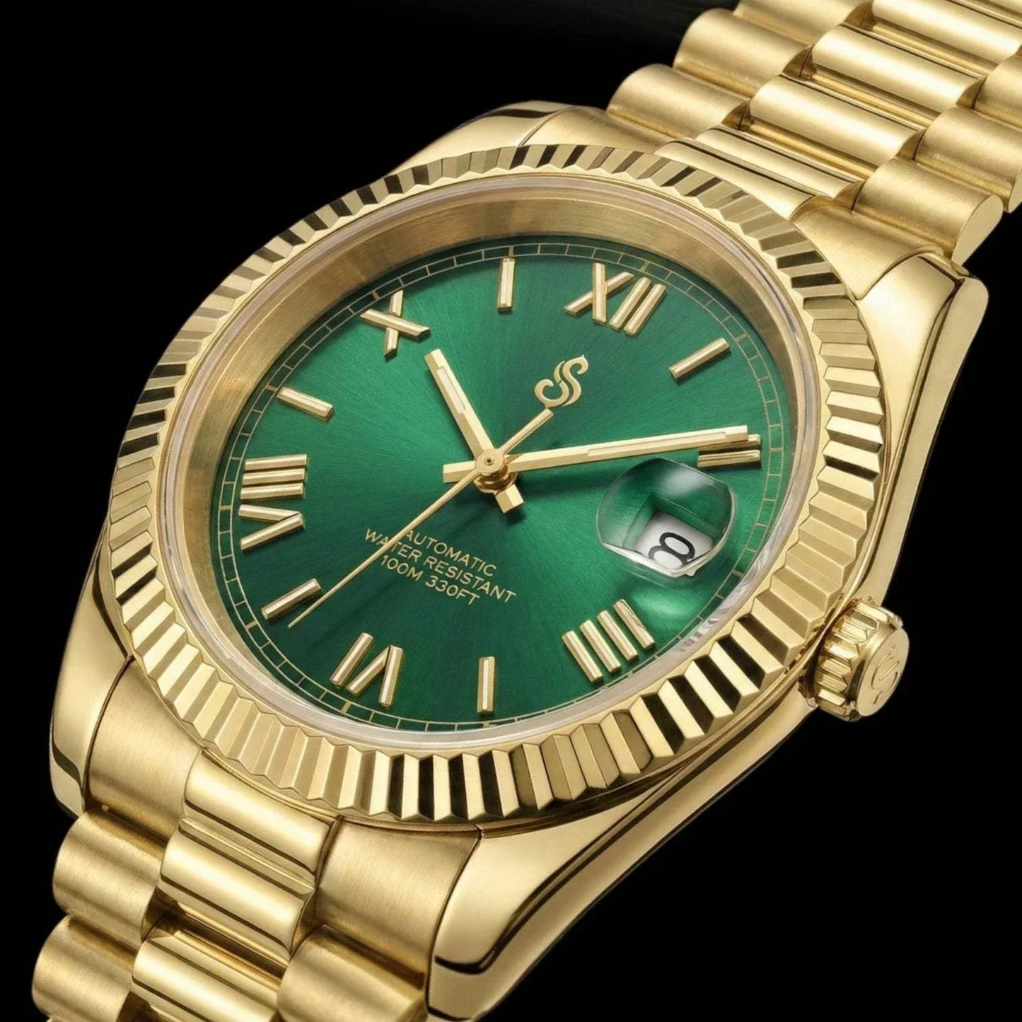 Seiko Modtime luxury watch with gold green dial and Roman numerals
