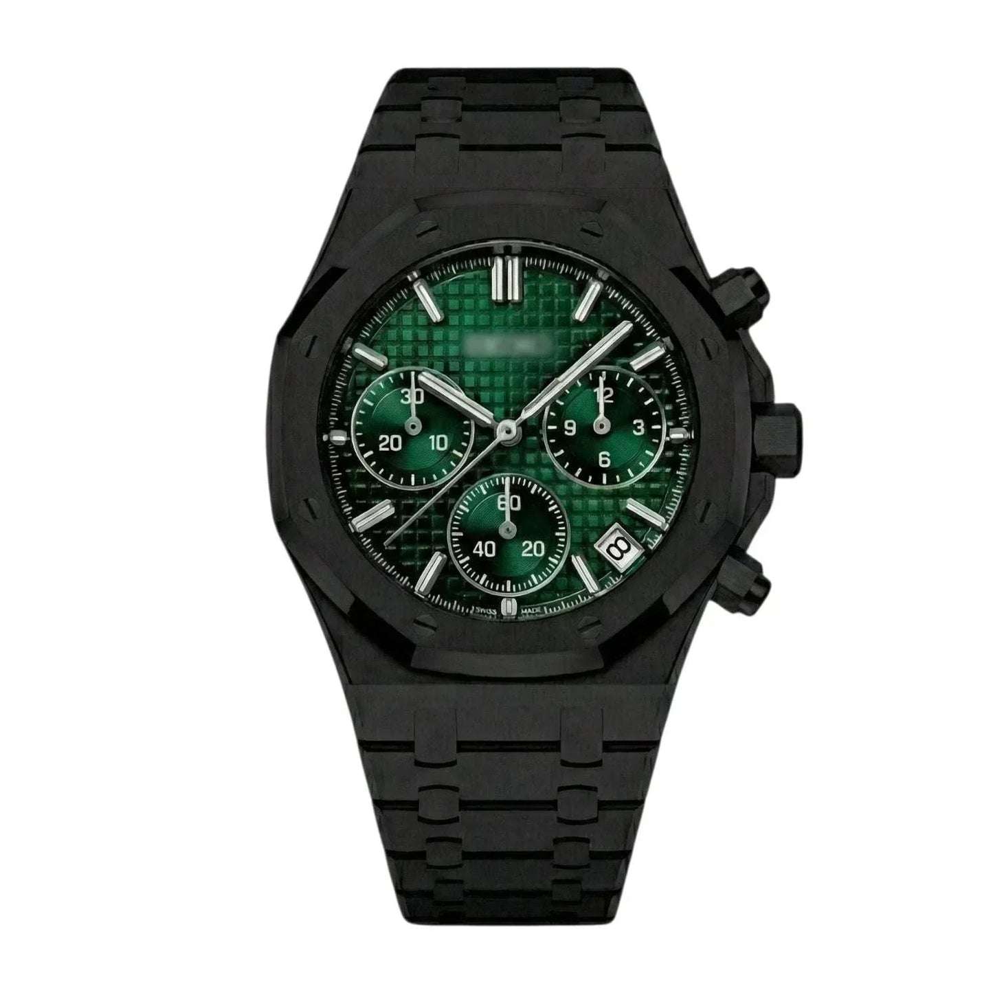 Heritage Oak Modded Seiko chronograph with green dial and stainless steel bracelet