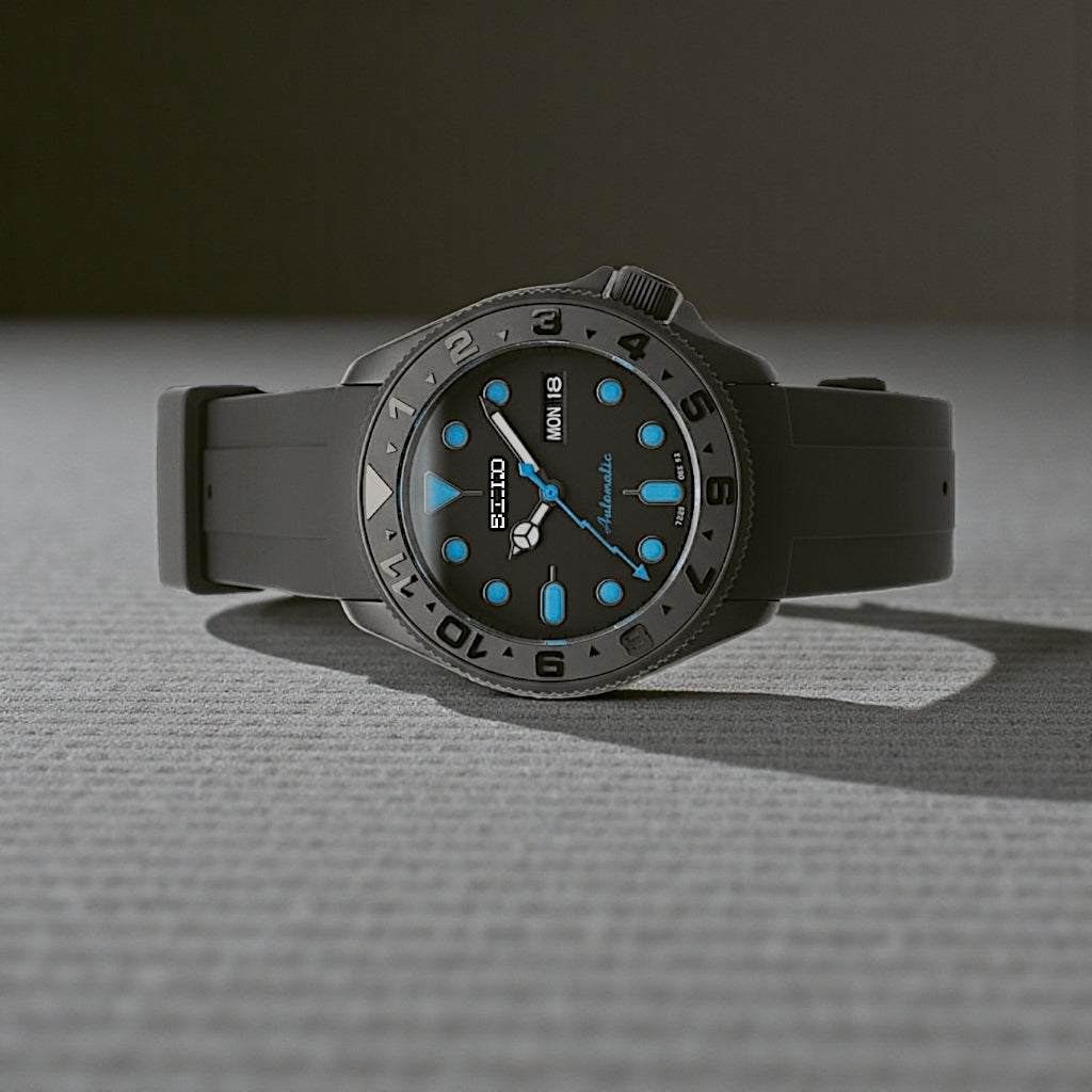 Seiko Mod Watches YachtMaster Diver Black Stealth Blue Ocean Dial at Modtime Creations