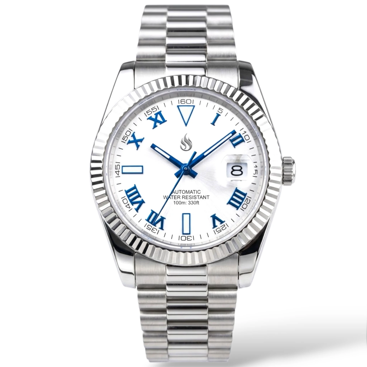 SeikJust Date Window White Blue Roman Numeral Dial Mod Watch - Modtime Creations