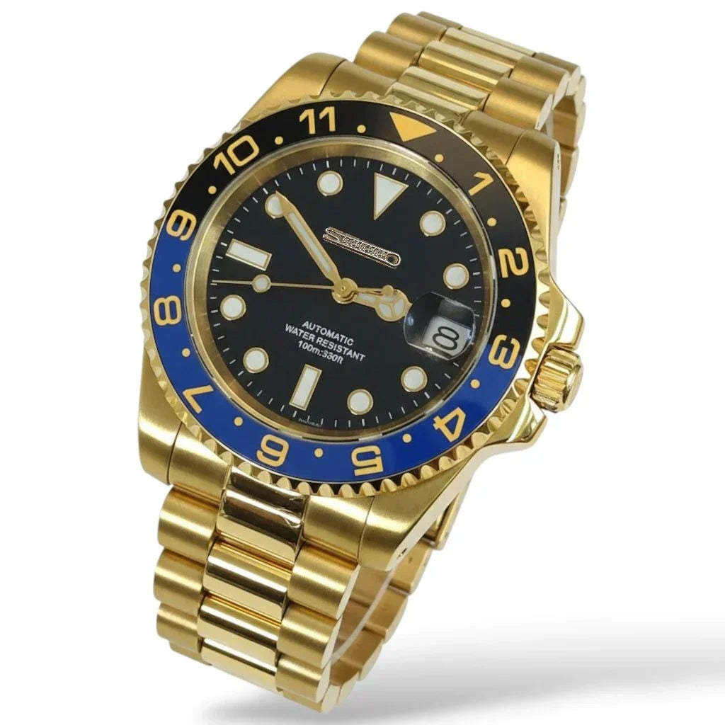 SeikMariner Batman Gold Black Blue 40mm Seiko Mod Diver Watch with NH35 Movement and Sapphire Crystal
